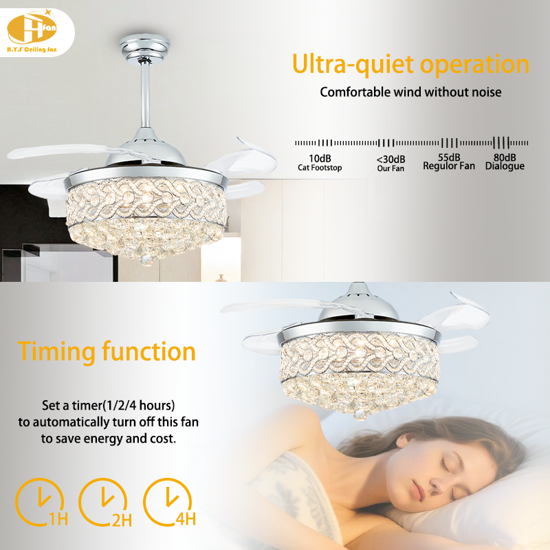 Crystal Retractable Ceiling Fan with Light Remote Control & DC Motor for Bedroom