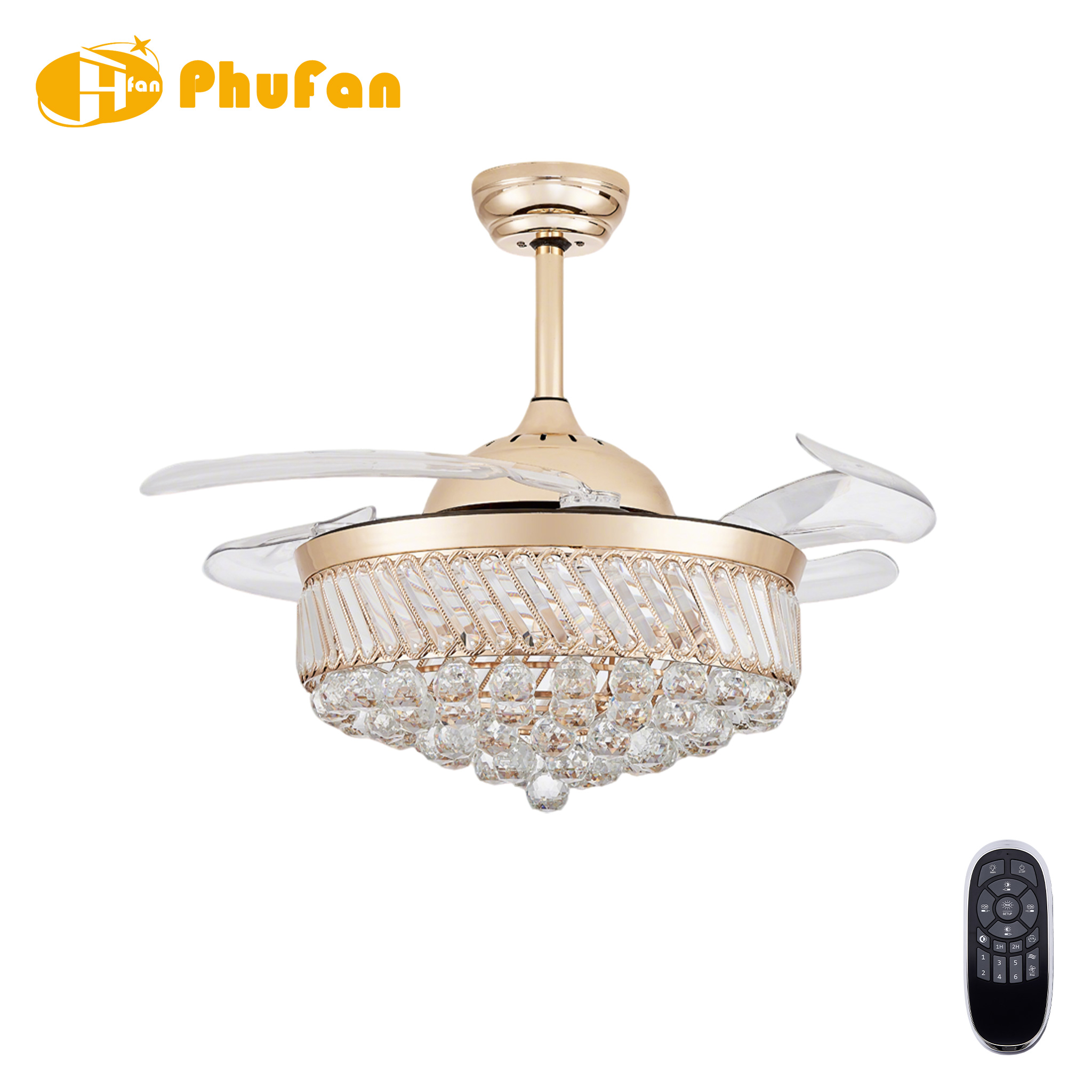 Gold retractable fan light with clear blades, diagonal crystal strips and layered crystal pendants, shown with a remote.