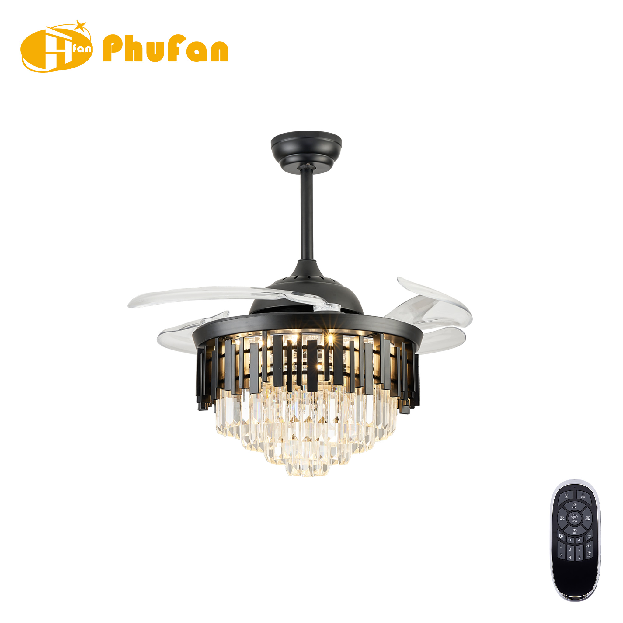 Black retractable fan light with clear blades and a tiered crystal shade beneath a vertical metal frame, beside its remote.