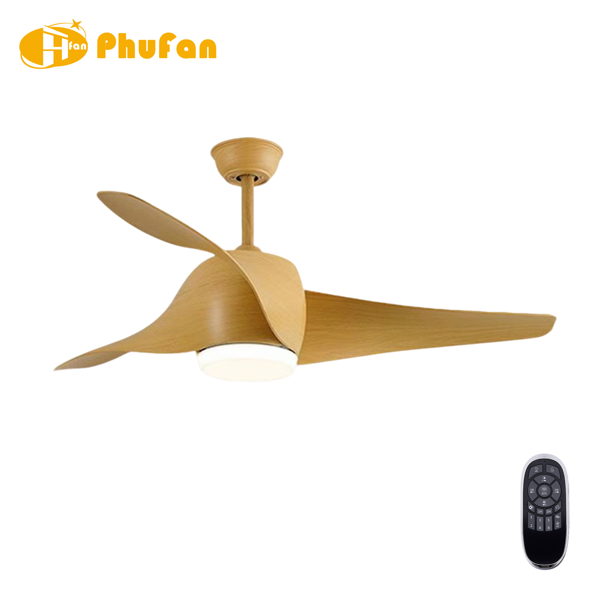 Three sculpted ABS blades in a wood-grain finish on a matching fan light, shown beside a handheld remote.