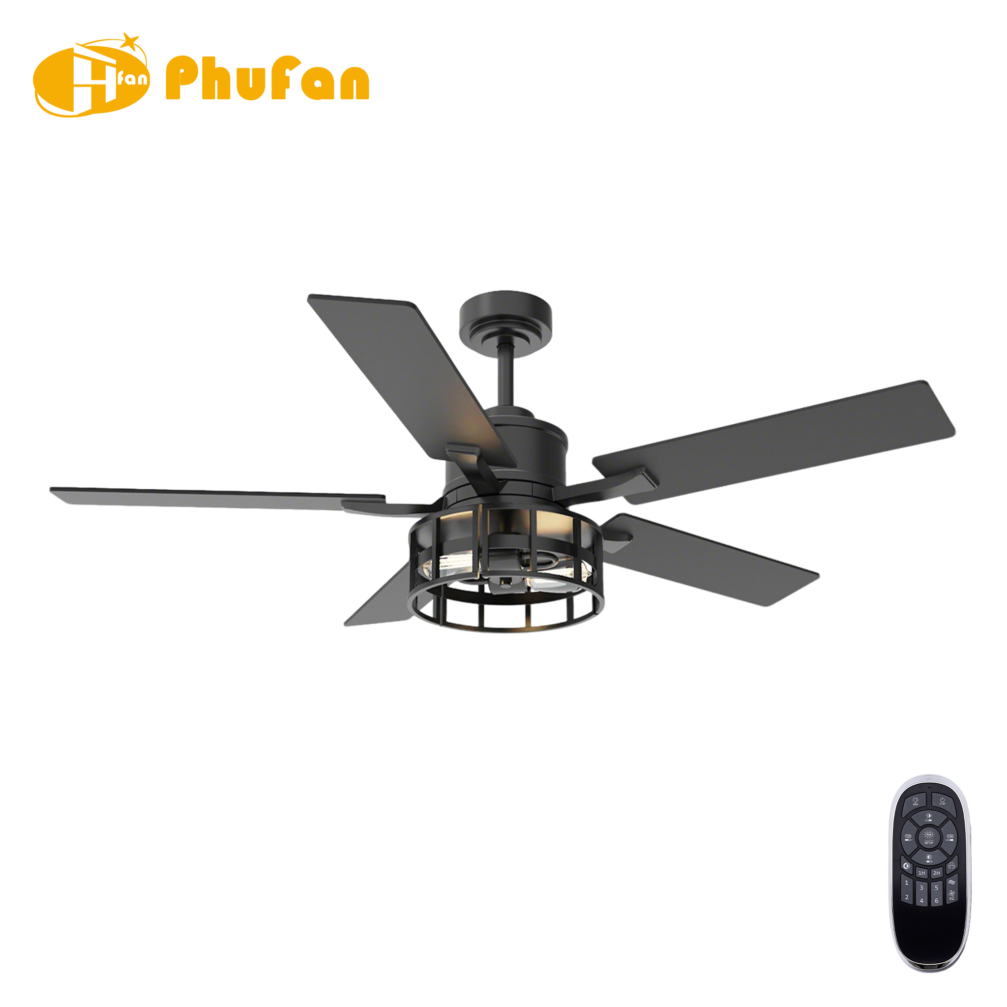Black ceiling fan with five plywood blades and a cage surrounding the central light, pictured beside a remote.