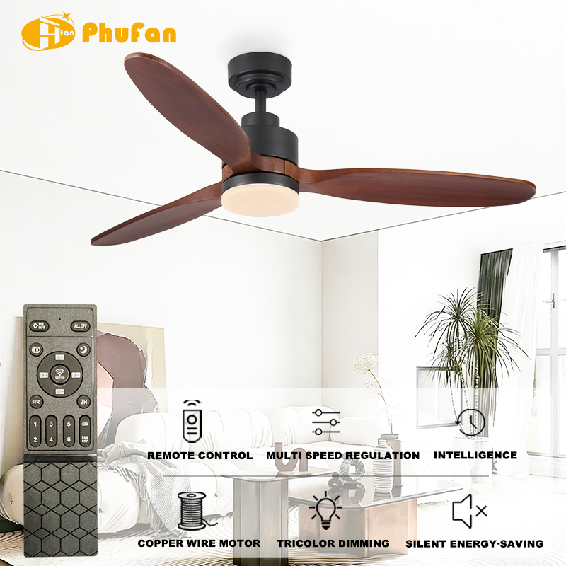 Walnut-finish ceiling fan with light for living room, three solid-wood blades and black housing in an interior illustration.