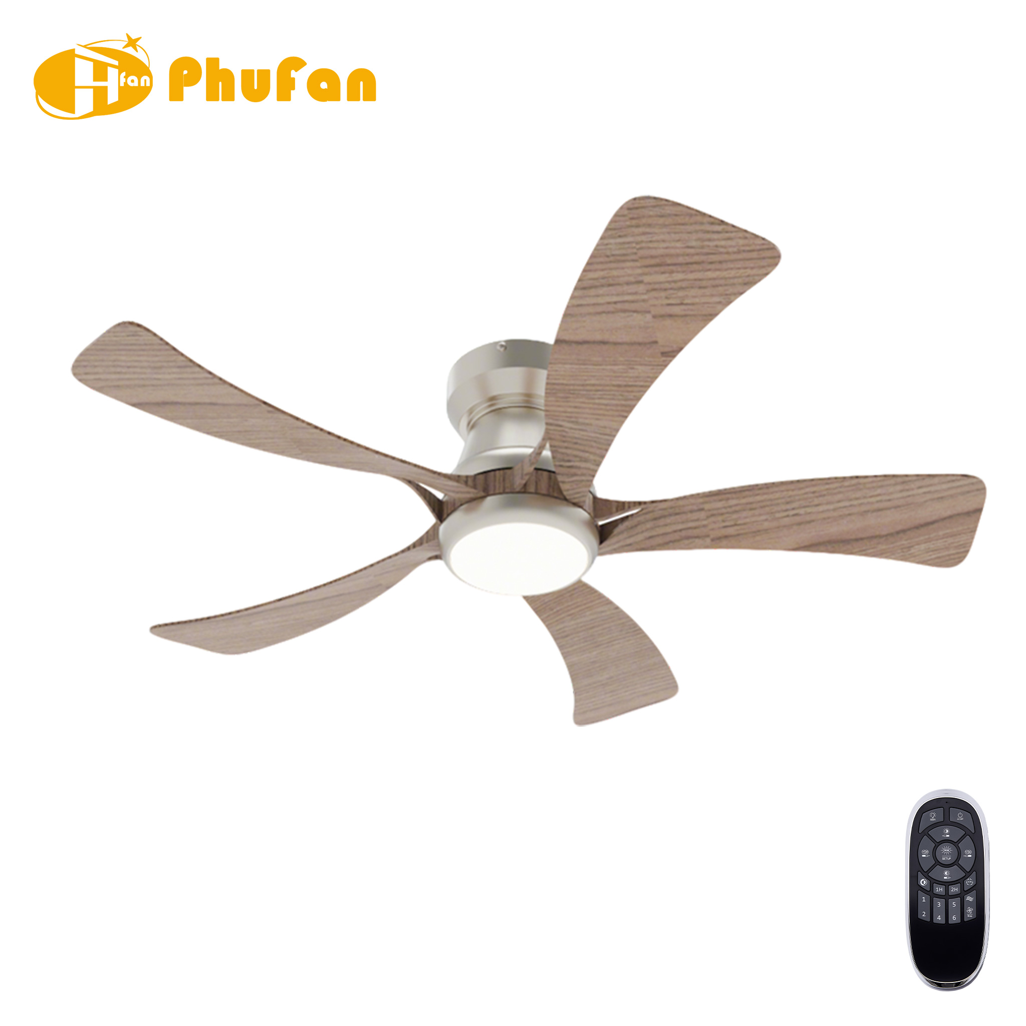 Brushed nickel flush-mount fan light with five broad wood-grain blades and a handheld remote.