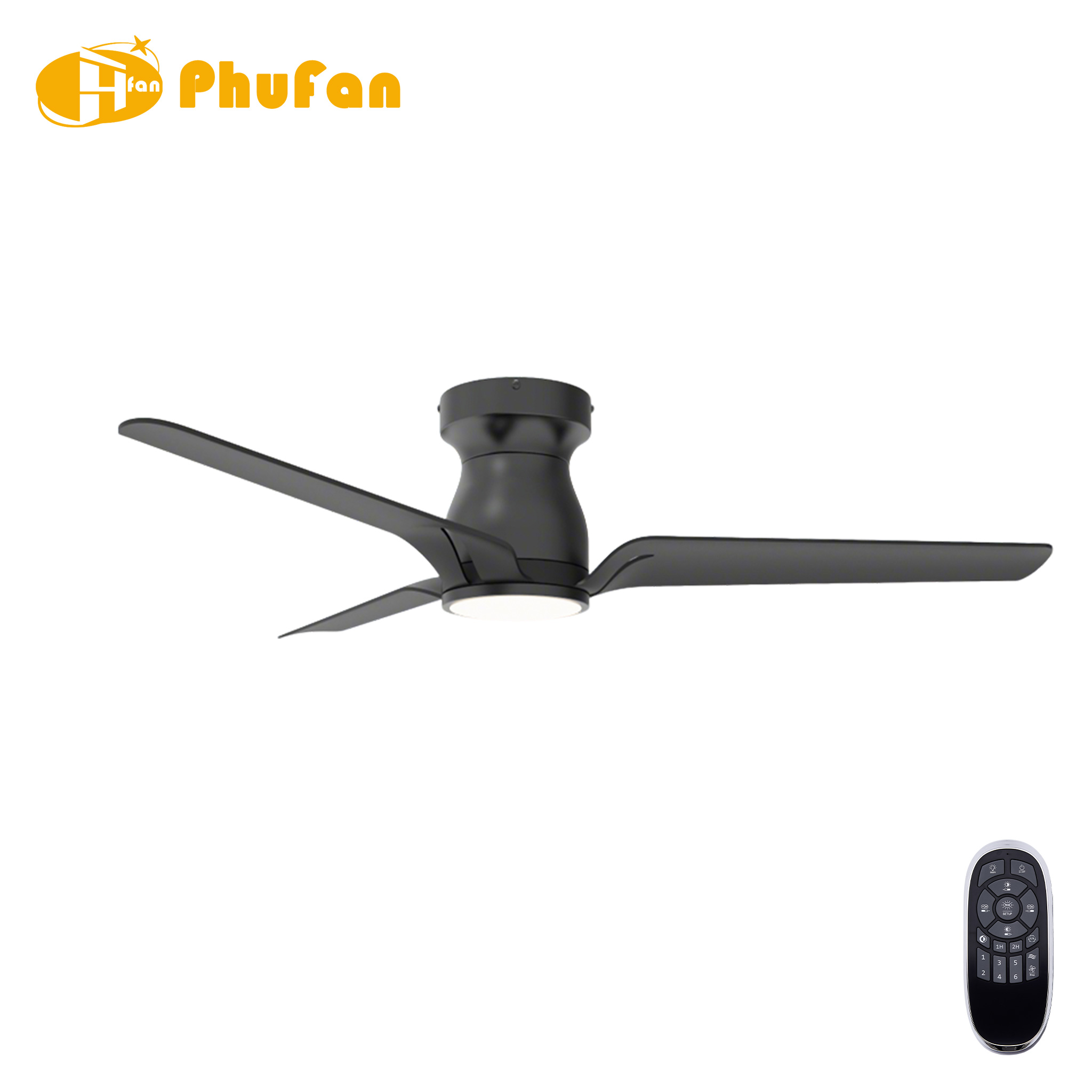Black low-profile ceiling fan with three slim ABS blades, a round light and a handheld remote.
