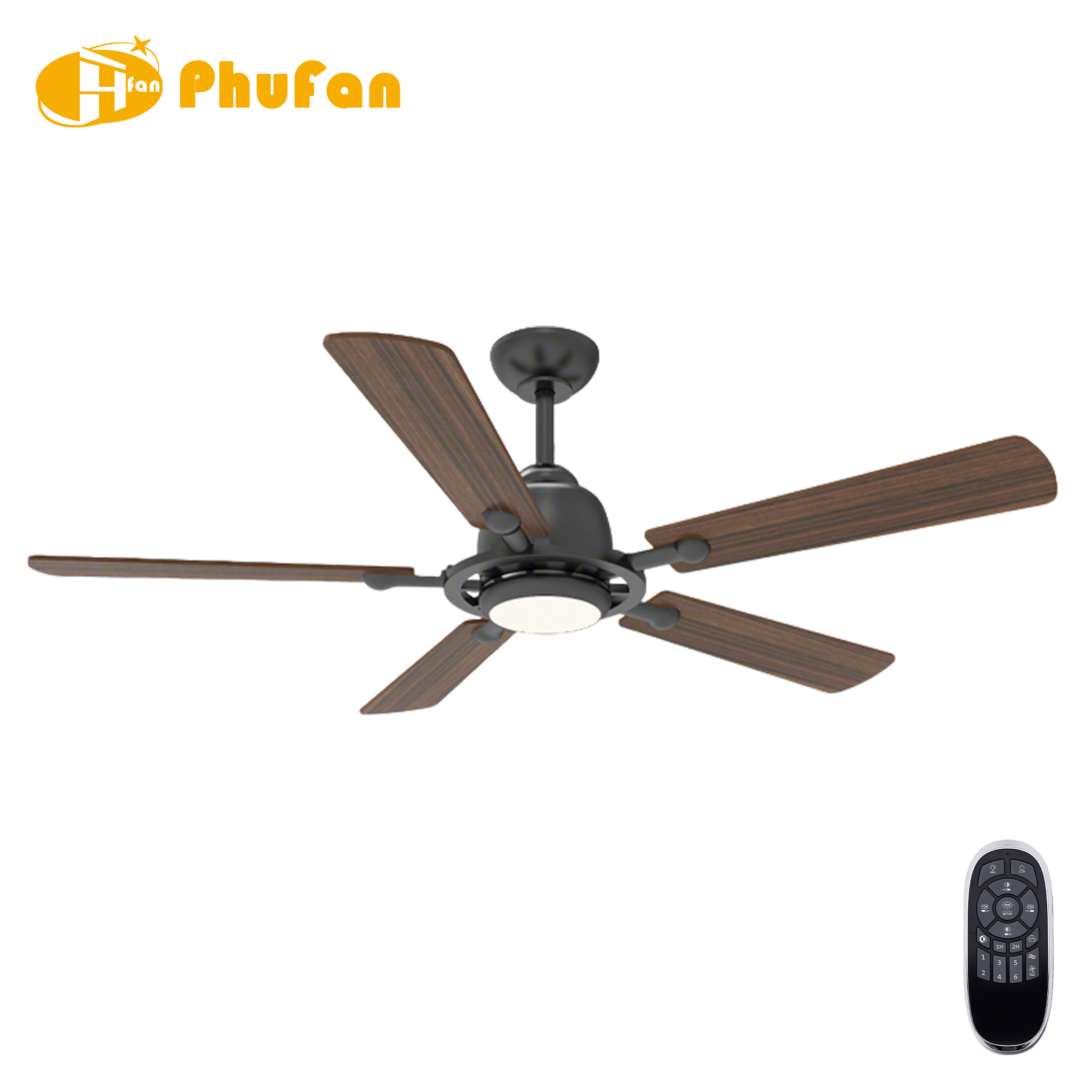 Five-blade ceiling fan with a round LED light, wood-grain blades and black downrod, pictured beside a remote.