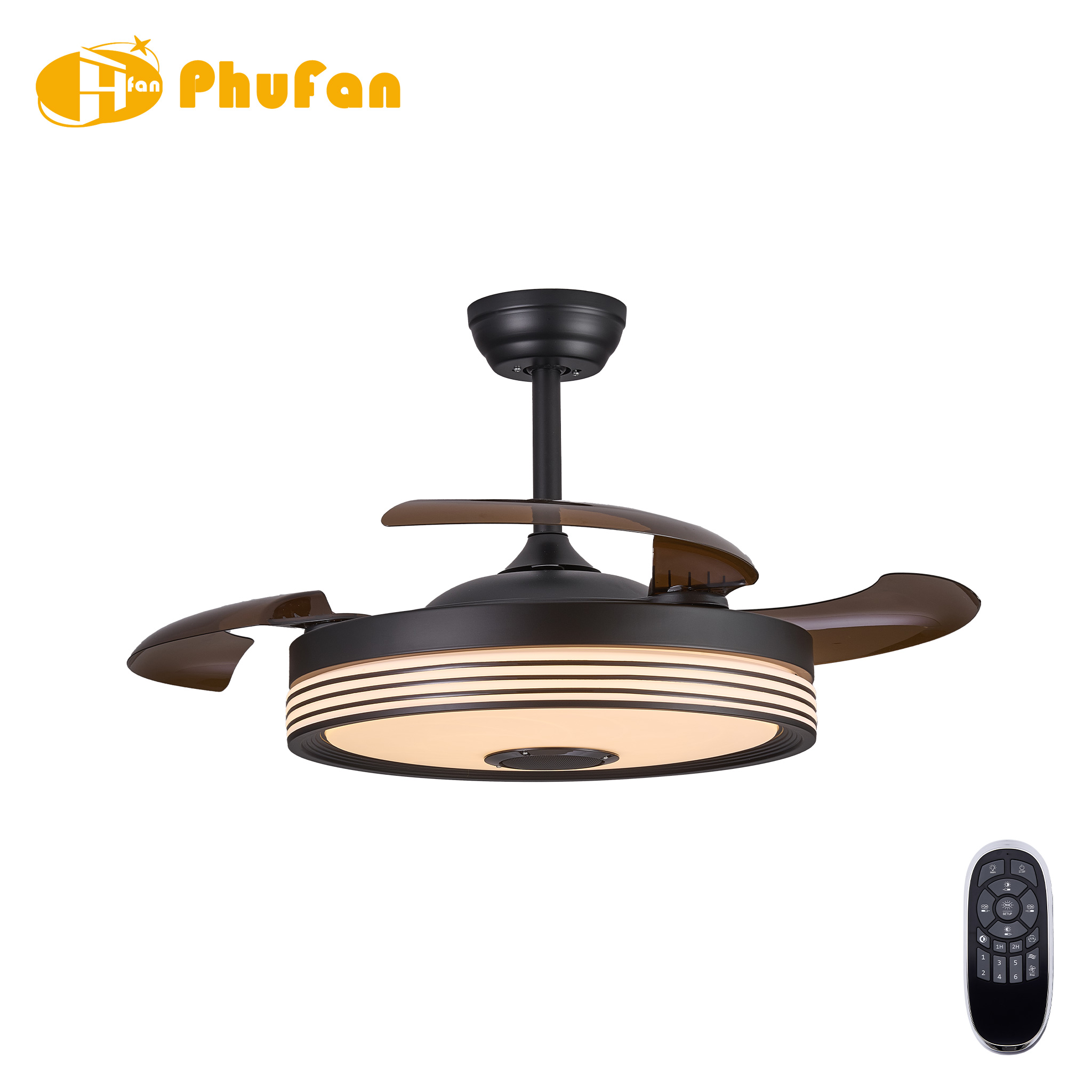Retractable Ceiling Fan Light With Bluetooth Speaker For Bedroom Dining Room