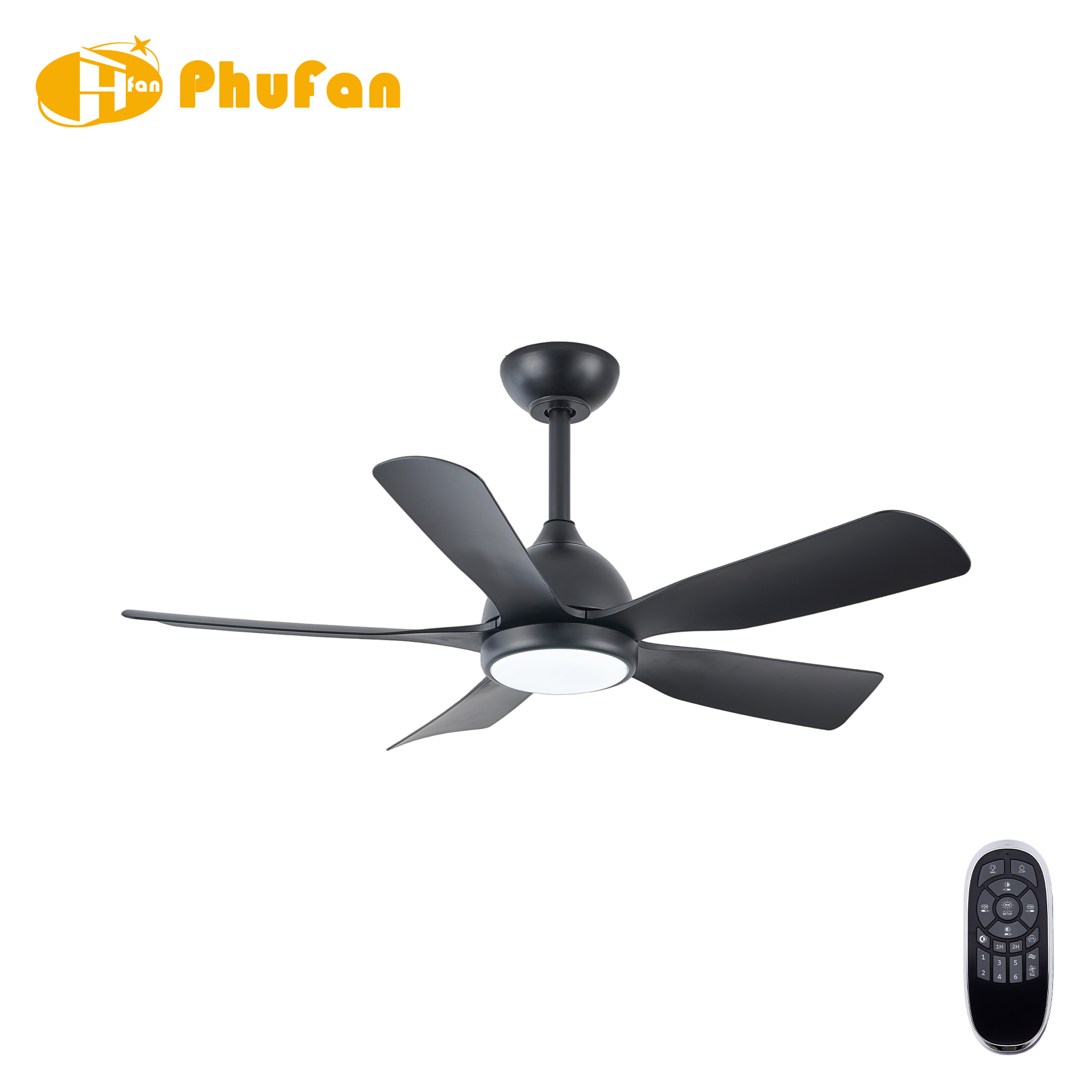 Black ceiling fan with five curved ABS blades, a teardrop motor housing and a round light beside a remote.