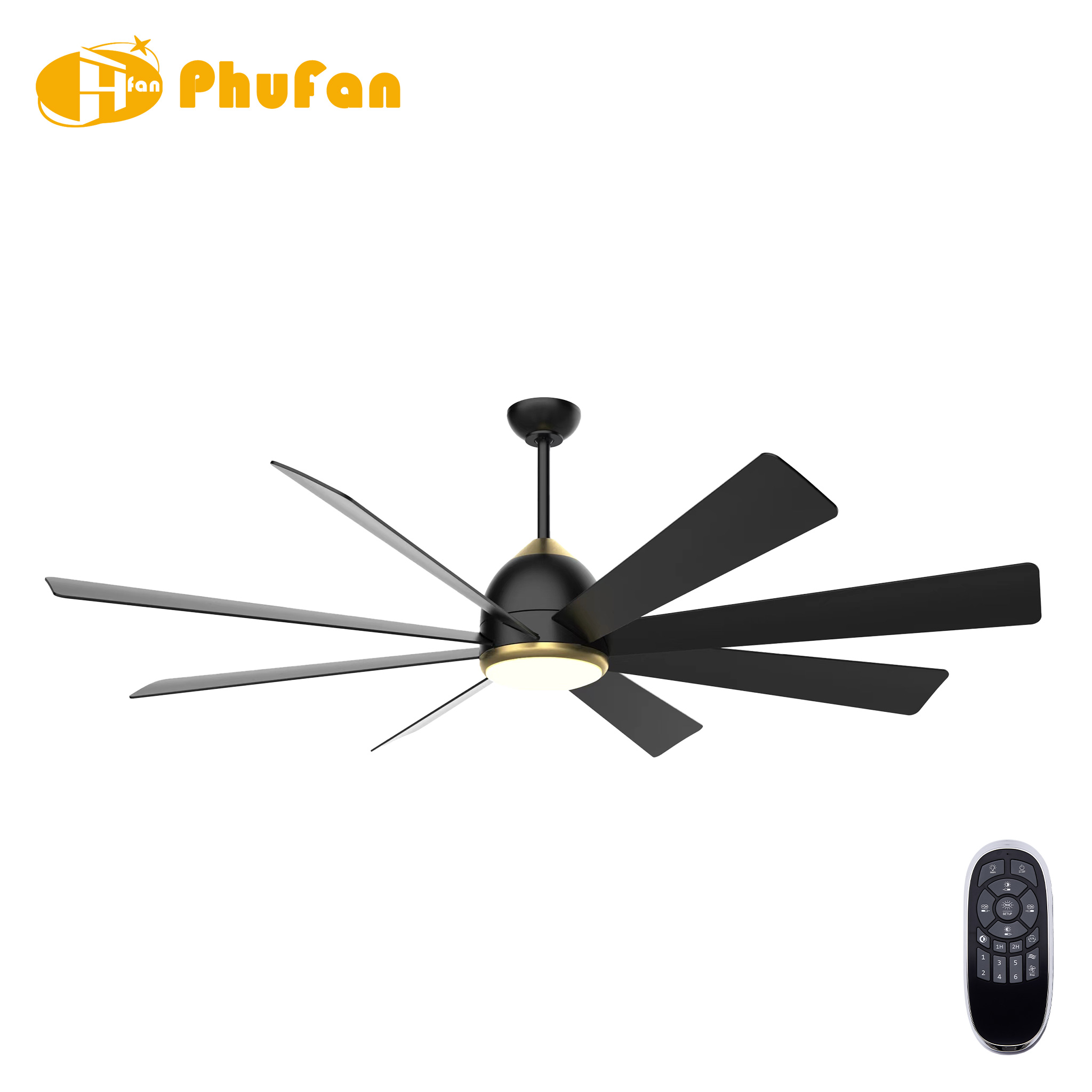 Eight black blades on a large fan light with gold trim, an integrated round diffuser and a handheld remote.
