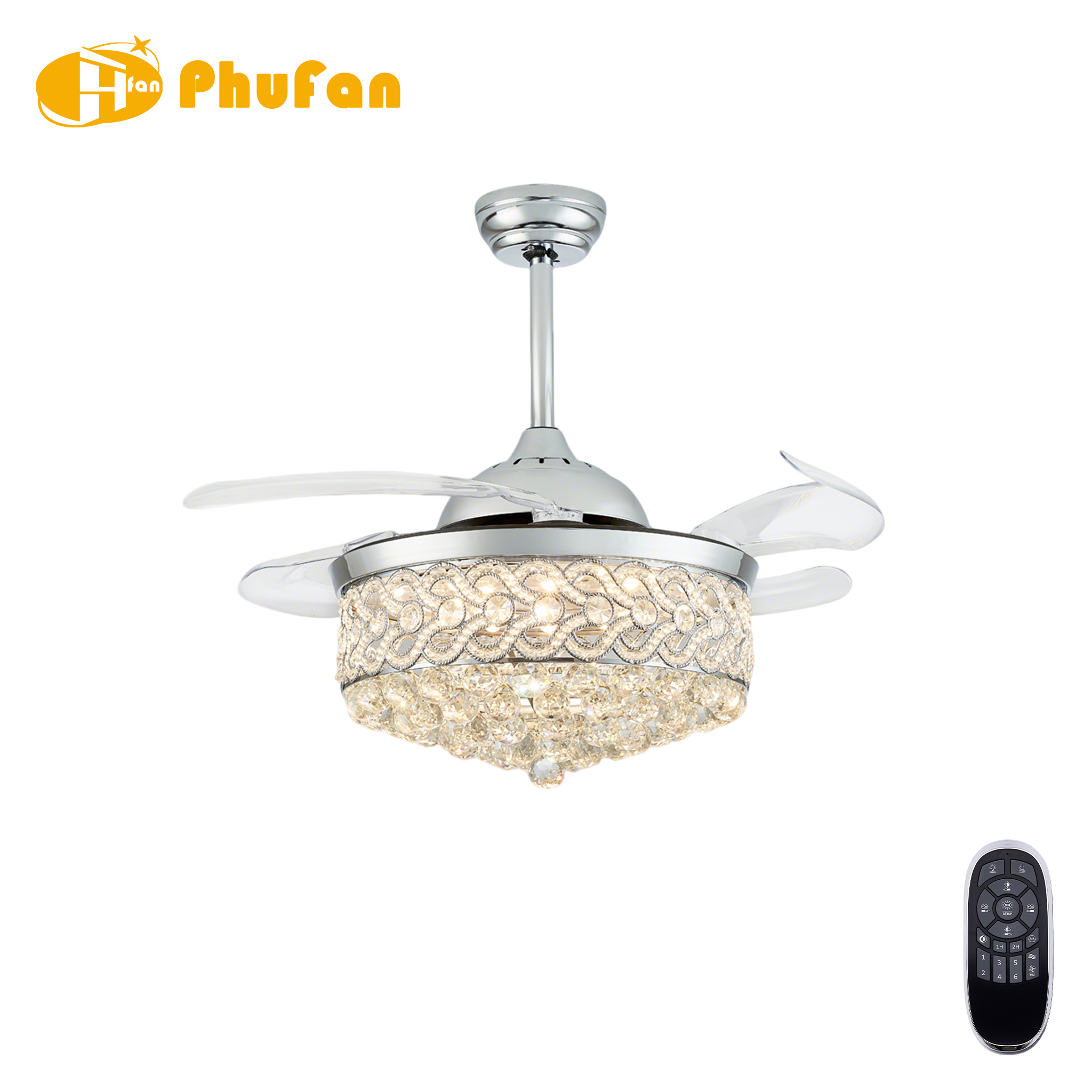 Silver crystal fan light with clear blades, an ornate crystal drum and matching downrod, pictured beside a remote.