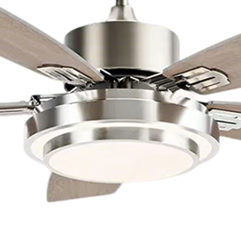Elegant ceiling fan with light and reversible motor, detail of the nickel housing and illuminated round diffuser.