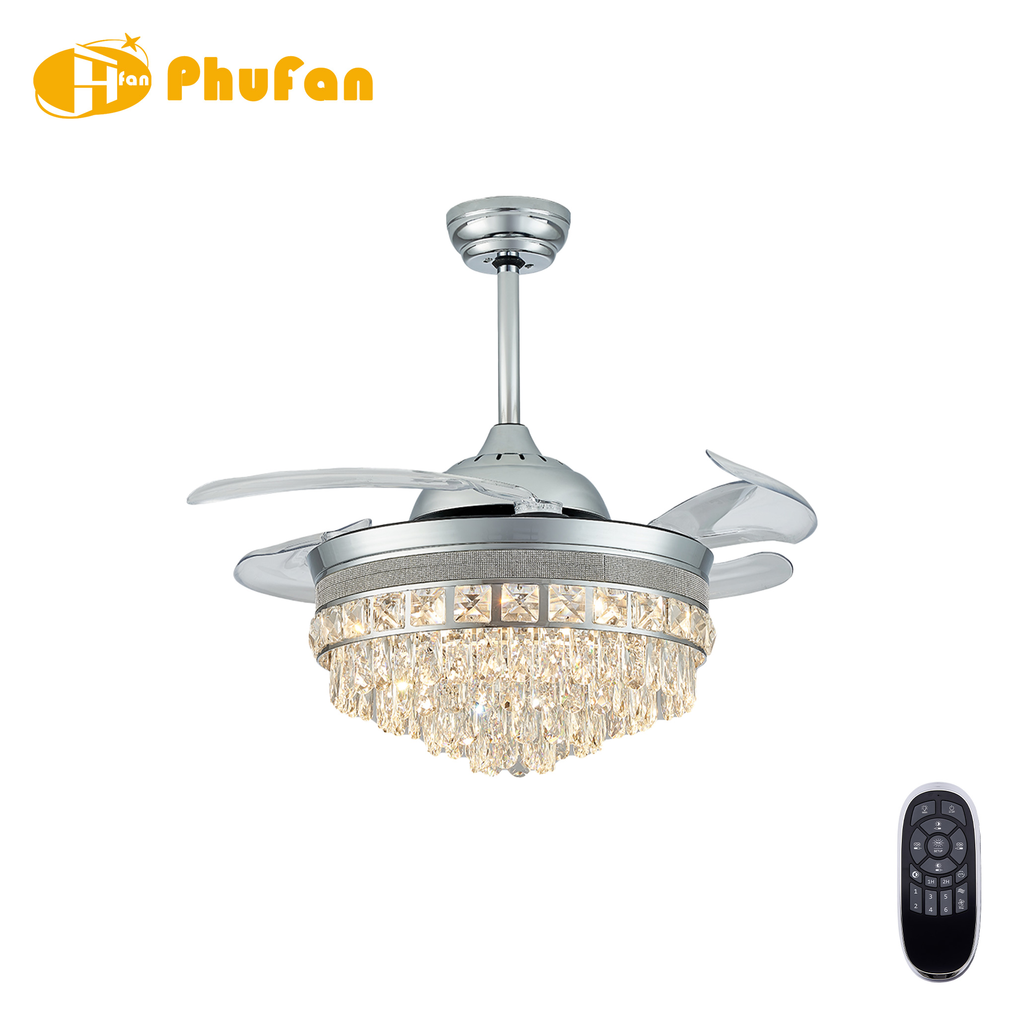 Chrome crystal fan light with transparent retractable blades, faceted drum shade and matching downrod, beside a remote.