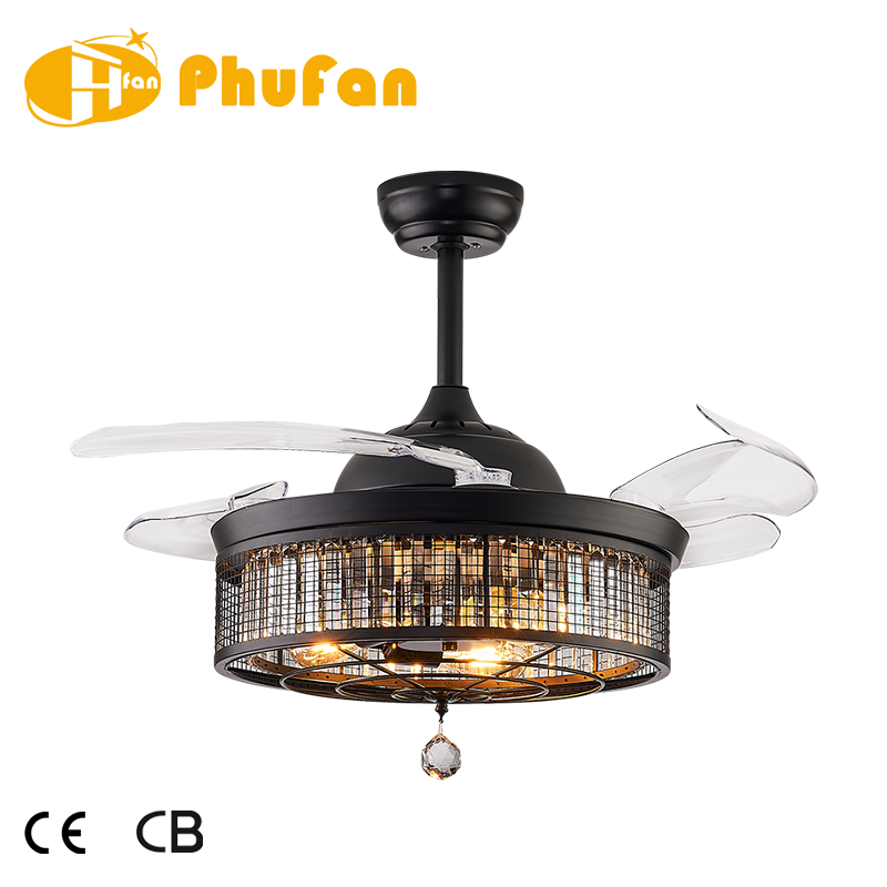 Mesh Crystal Retractable Fan Light Fixture Remote Dimmable Ventilation Lamp