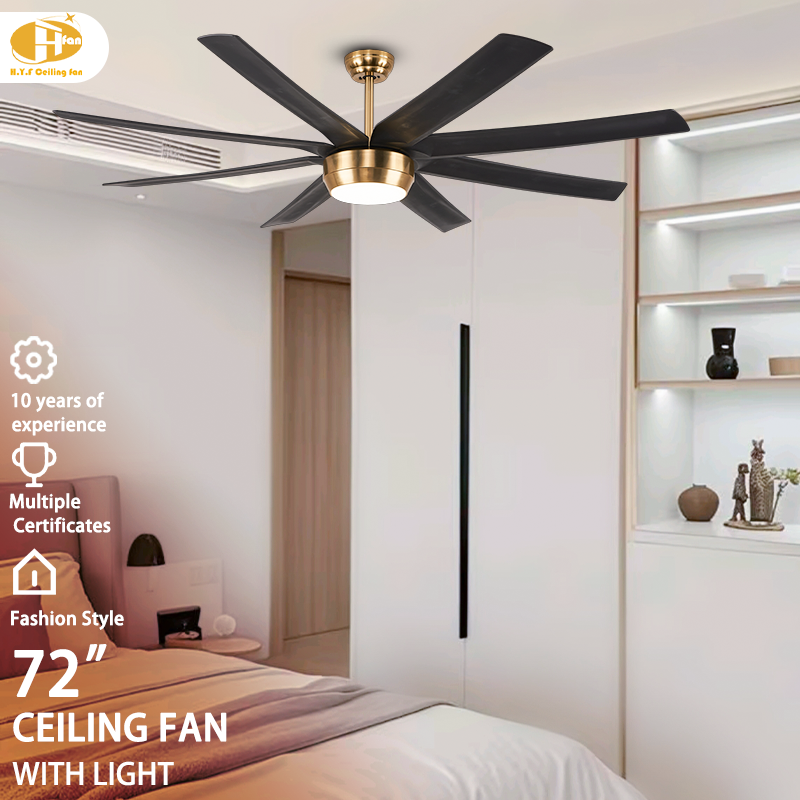 Gold ceiling fan with light for bedroom, eight black ABS blades pictured above a bed in an interior illustration.