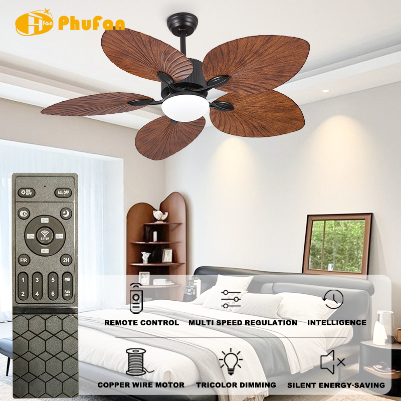 5 Palm Leaf Ceiling Fan Light, Vertical Rib Motor Body or Villa Cafe Balcony