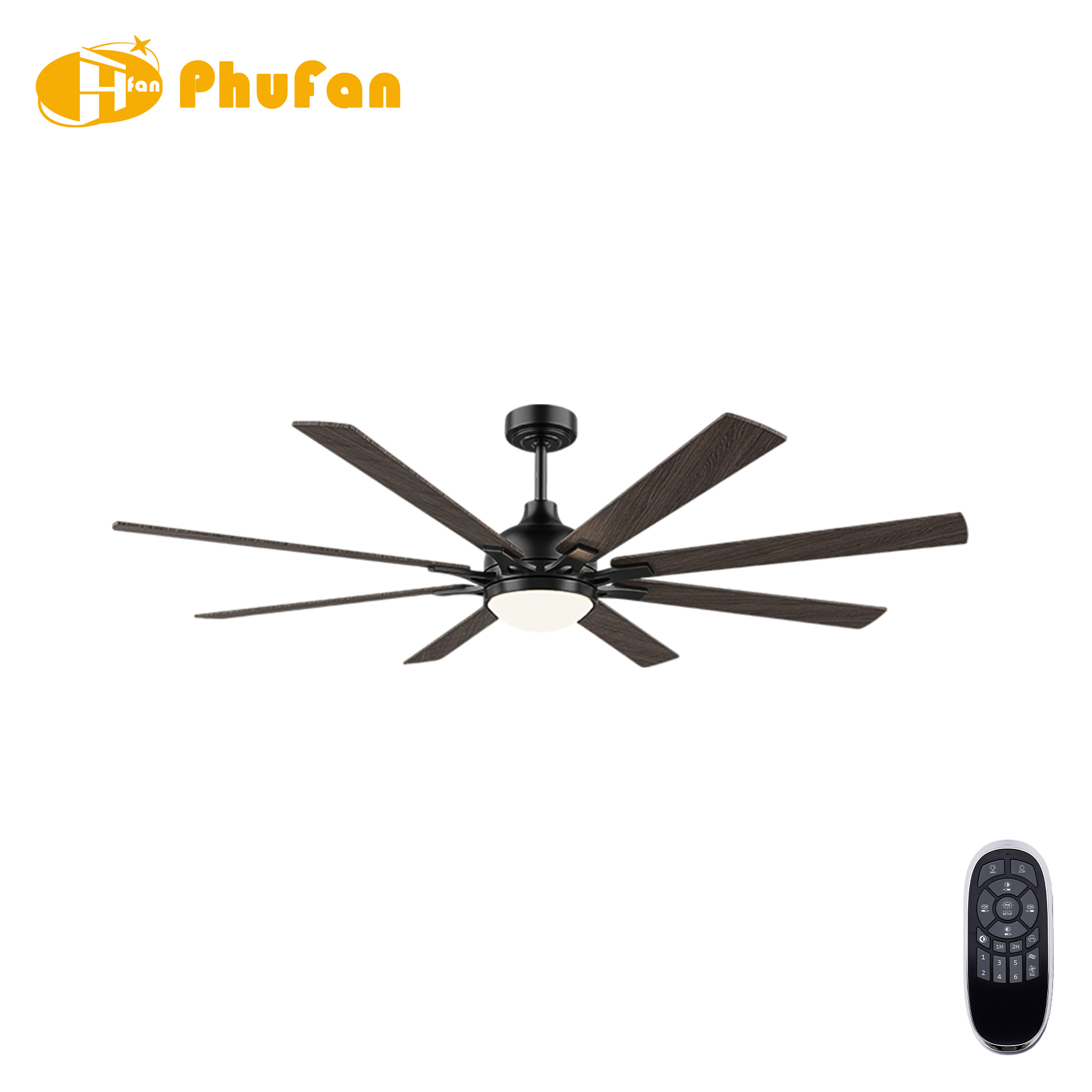 Ceiling fan with light for large room, eight dark wood-grain blades and black motor housing beside a remote.