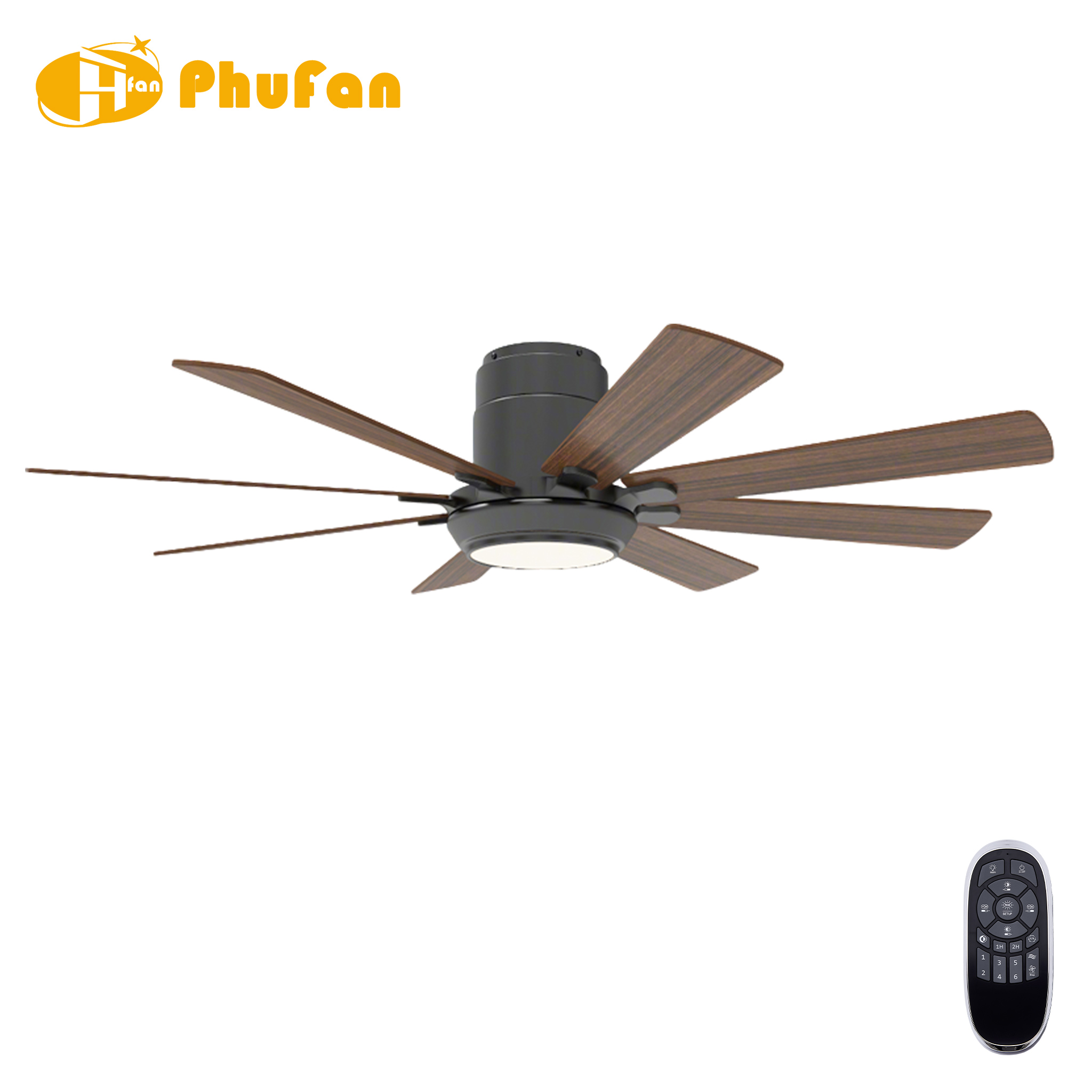 Low profile farmhouse ceiling fan with light, eight plywood blades with wood grain and a flush black housing.