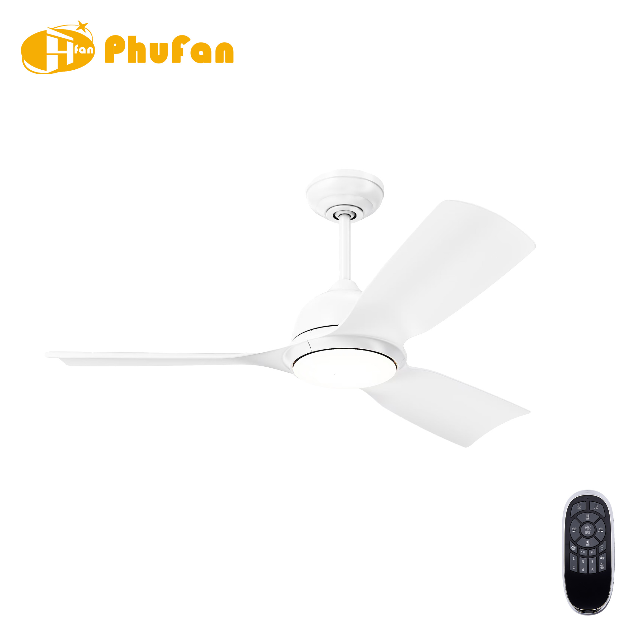 All-white three-blade ABS fan light with a matching downrod and round diffuser, pictured beside its remote.