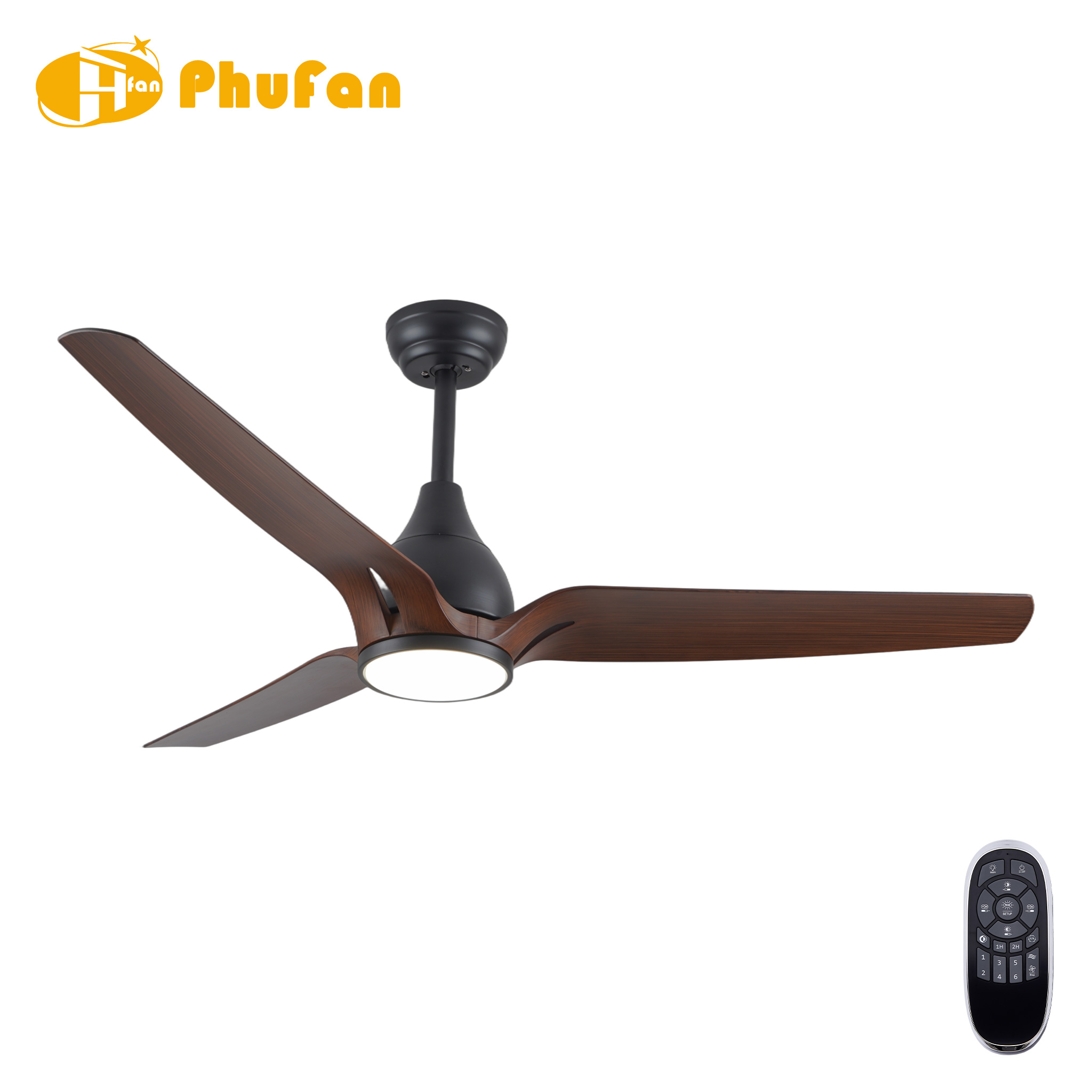 52 inch contemporary ceiling fan with light from the 52/56-inch range, with three brown curved blades.