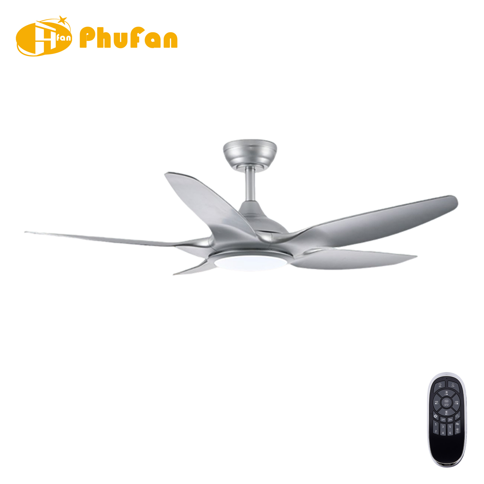 Silver ceiling fan with five curved ABS blades, a matching downrod and an integrated round light, shown beside its remote.