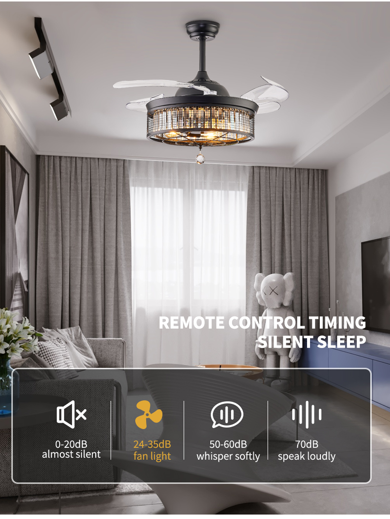 Mesh Crystal Retractable Fan Light Fixture Remote Dimmable Ventilation Lamp