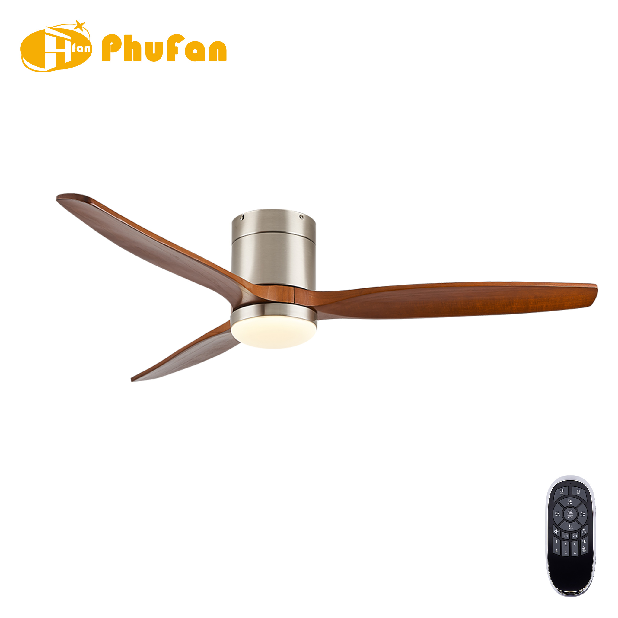 Low profile minimalist ceiling fan with light, brushed nickel housing and three wood-tone blades beside a remote.