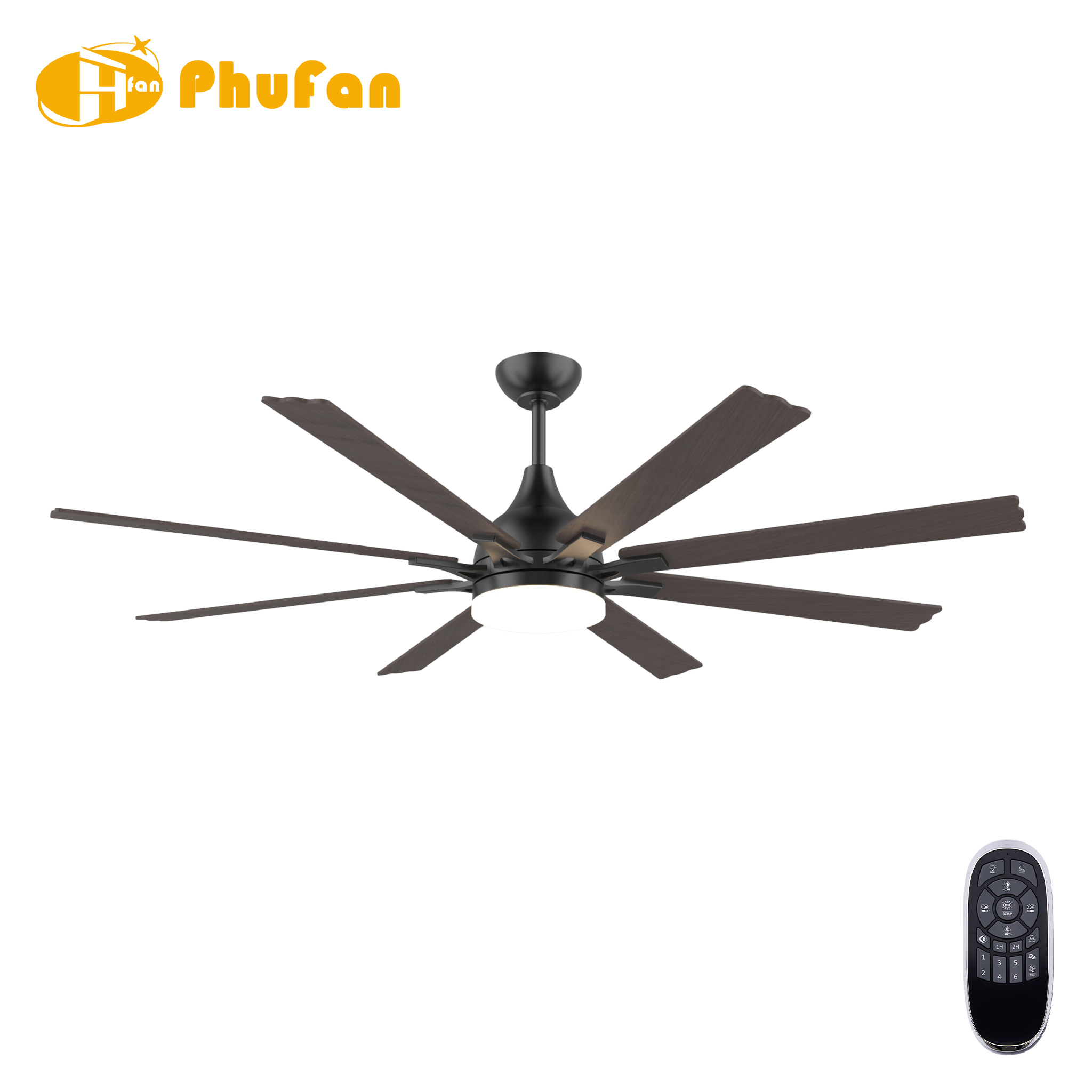 Transitional ceiling fan with light and DC motor, eight scalloped wood-grain plywood blades and black housing beside a remote.