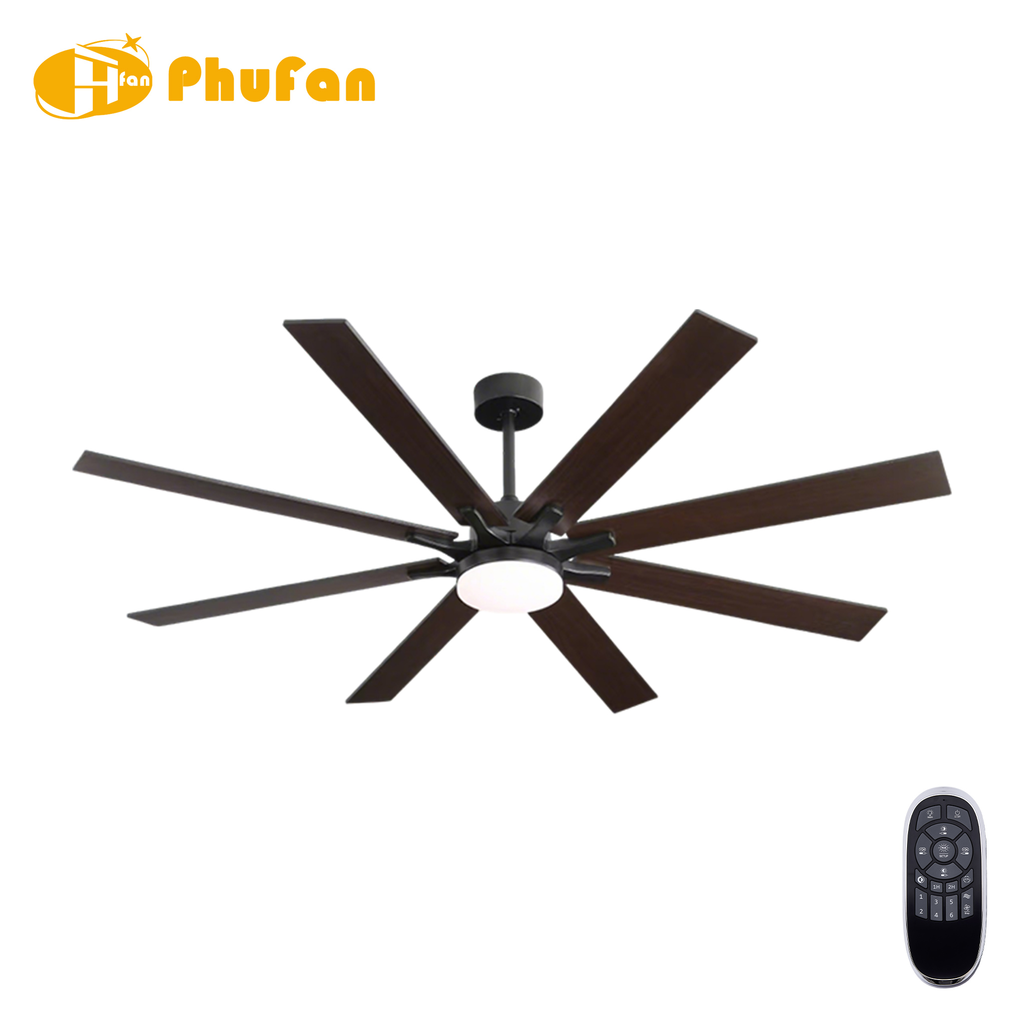 Nine wood-grain blades on a large black fan light with a matching downrod, pictured beside its remote.