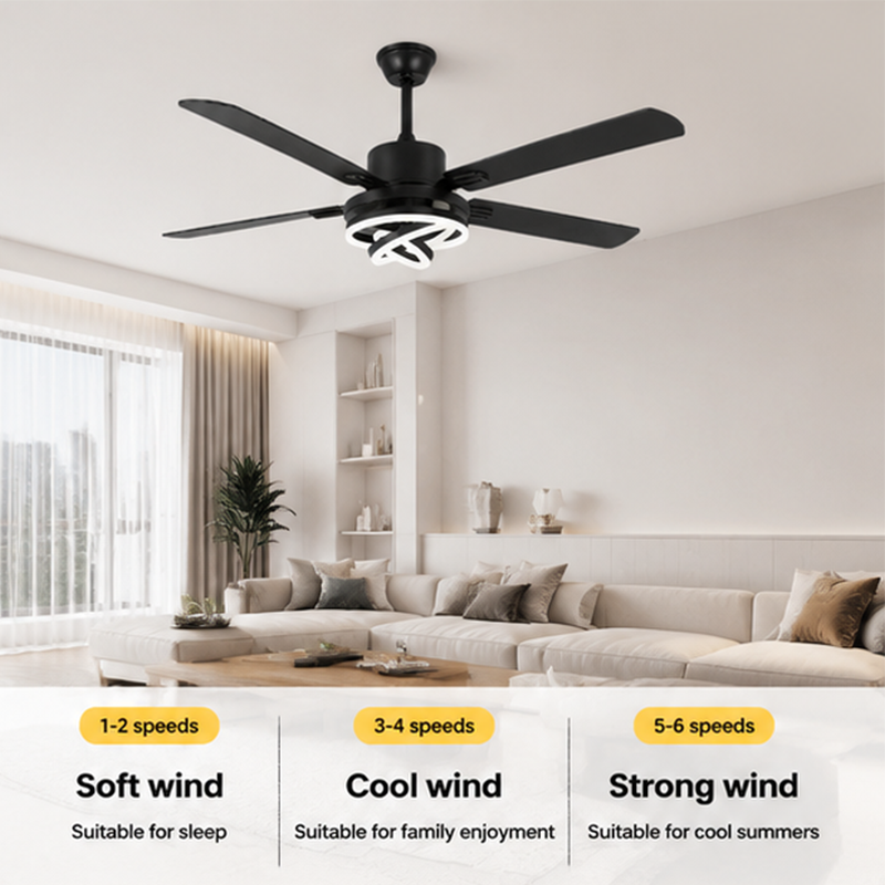Black Ceiling Fan with Light for Dining Room - 5 Blades and Ring LEDs