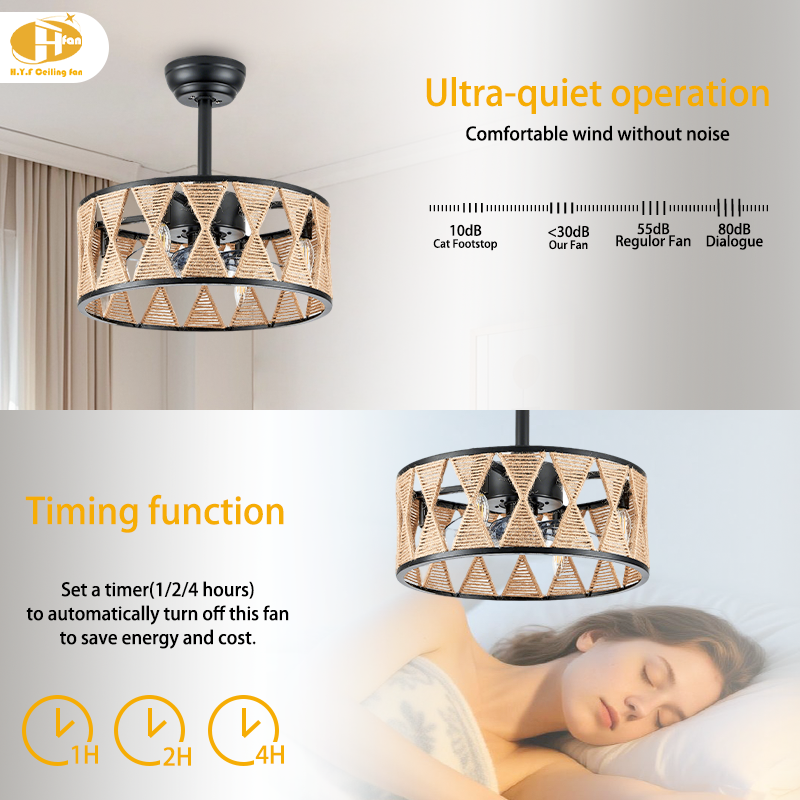 Caged Rattan Ceiling Fan Light Remote Reversible DC Motor For Dining Room Cafe