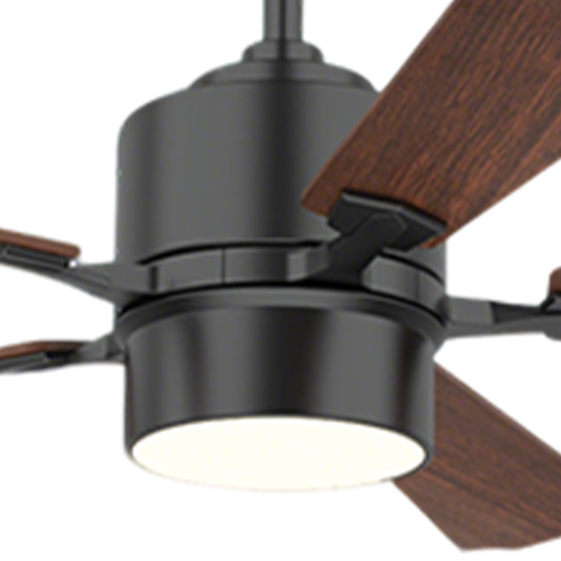 Industrial ceiling fan with light and DC motor, close-up of the black housing, wood-grain blades and illuminated diffuser.