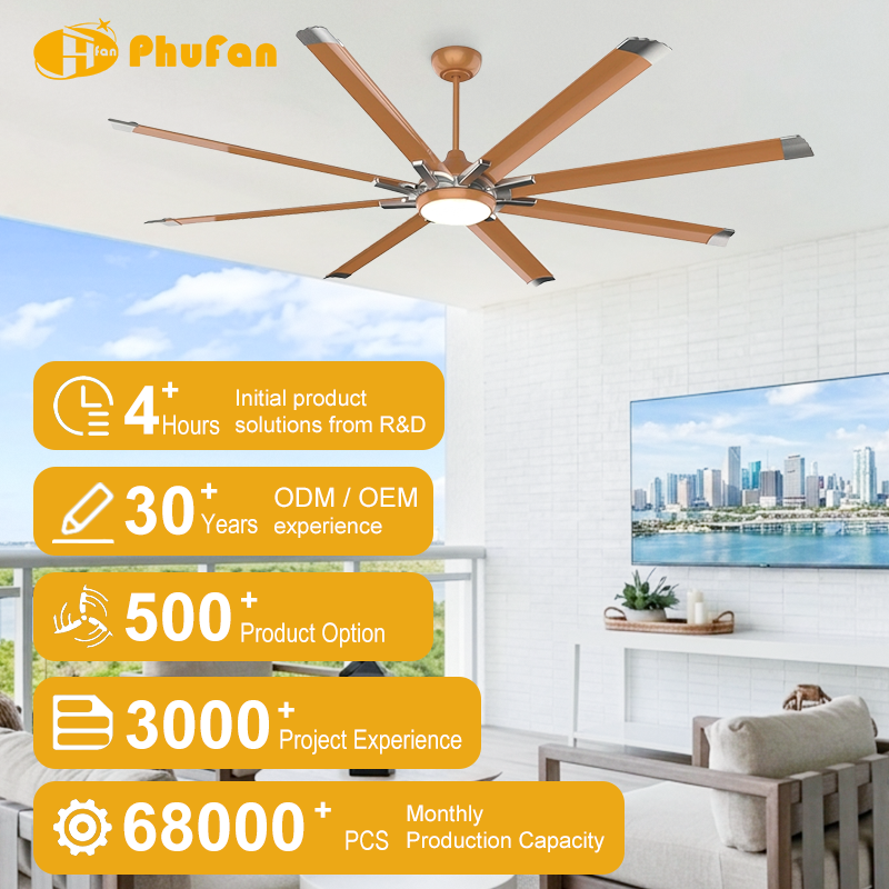 Large ceiling fan with light for living room, orange blades and silver tips shown above a seating area in an illustration.