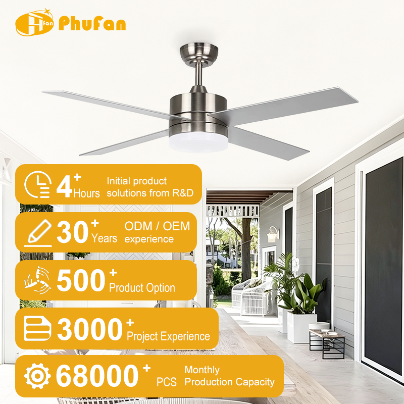 Silver ceiling fan with light for living room, four straight blades above a sofa in a promotional room illustration.