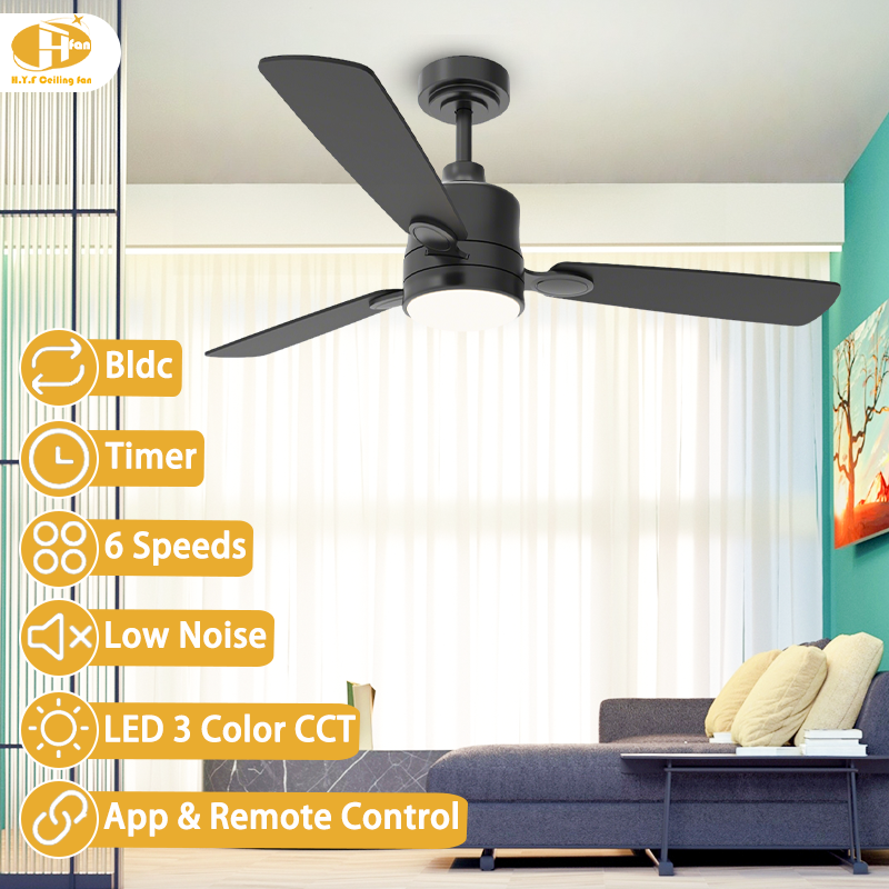 Mini ceiling fan with light and remote control, five black blades and a round LED panel pictured above a sofa.