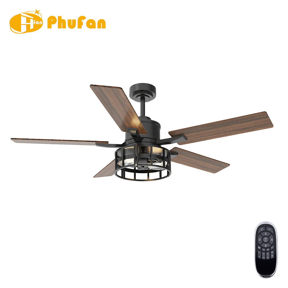 Five wood-grain plywood blades on a black fan, with a metal cage around the lamp and a handheld remote.