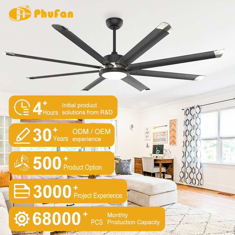 Industrial ceiling fan with light for bedroom, eight black blades with silver tips above a bed in an illustration.