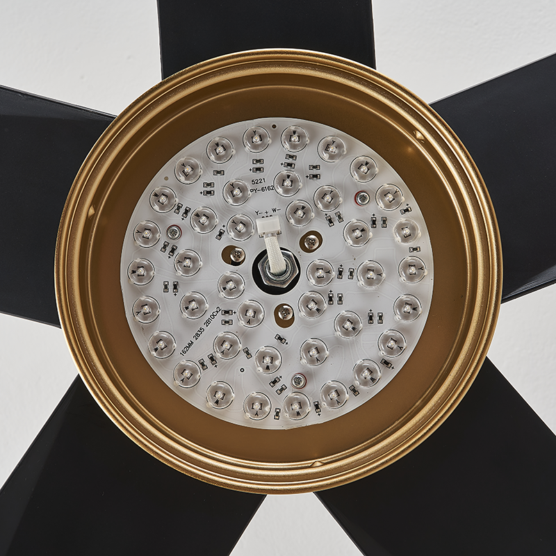 Geometric Black Ceiling Fan with LED Light and Brass Accents