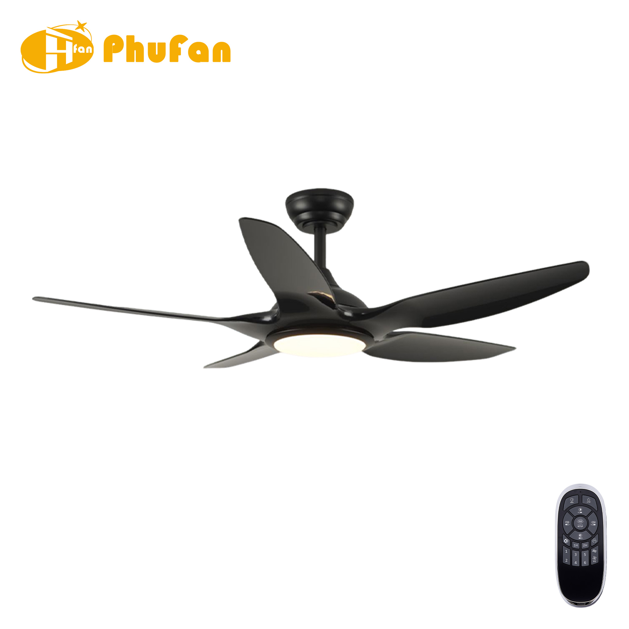 Matte black ceiling fan with five curved ABS blades and a round LED light, pictured beside a handheld remote.