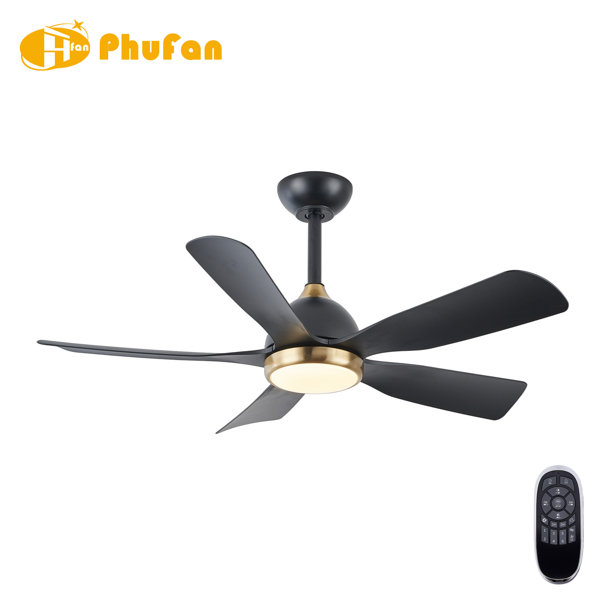 Black ceiling fan with light and quiet motor, curved ABS blades and black housing with gold light trim.