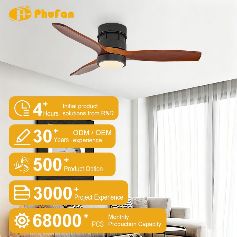 Flush mount rustic ceiling fan with light above a sofa, pictured with wood blades and black housing.