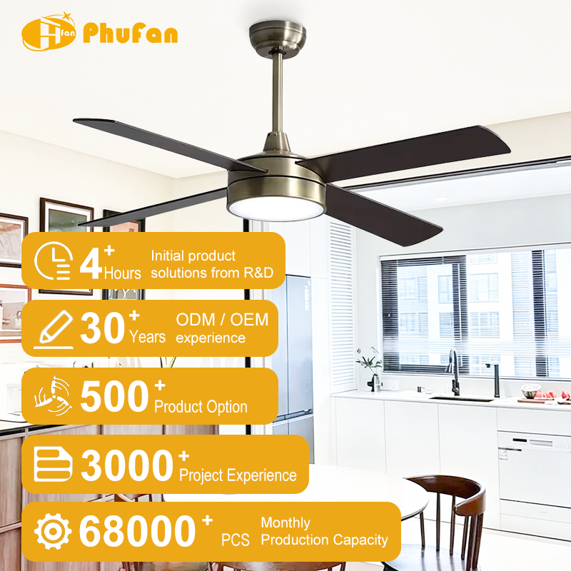 Bronze ceiling fan with light for kitchen, shown above a kitchen island in a promotional interior illustration.
