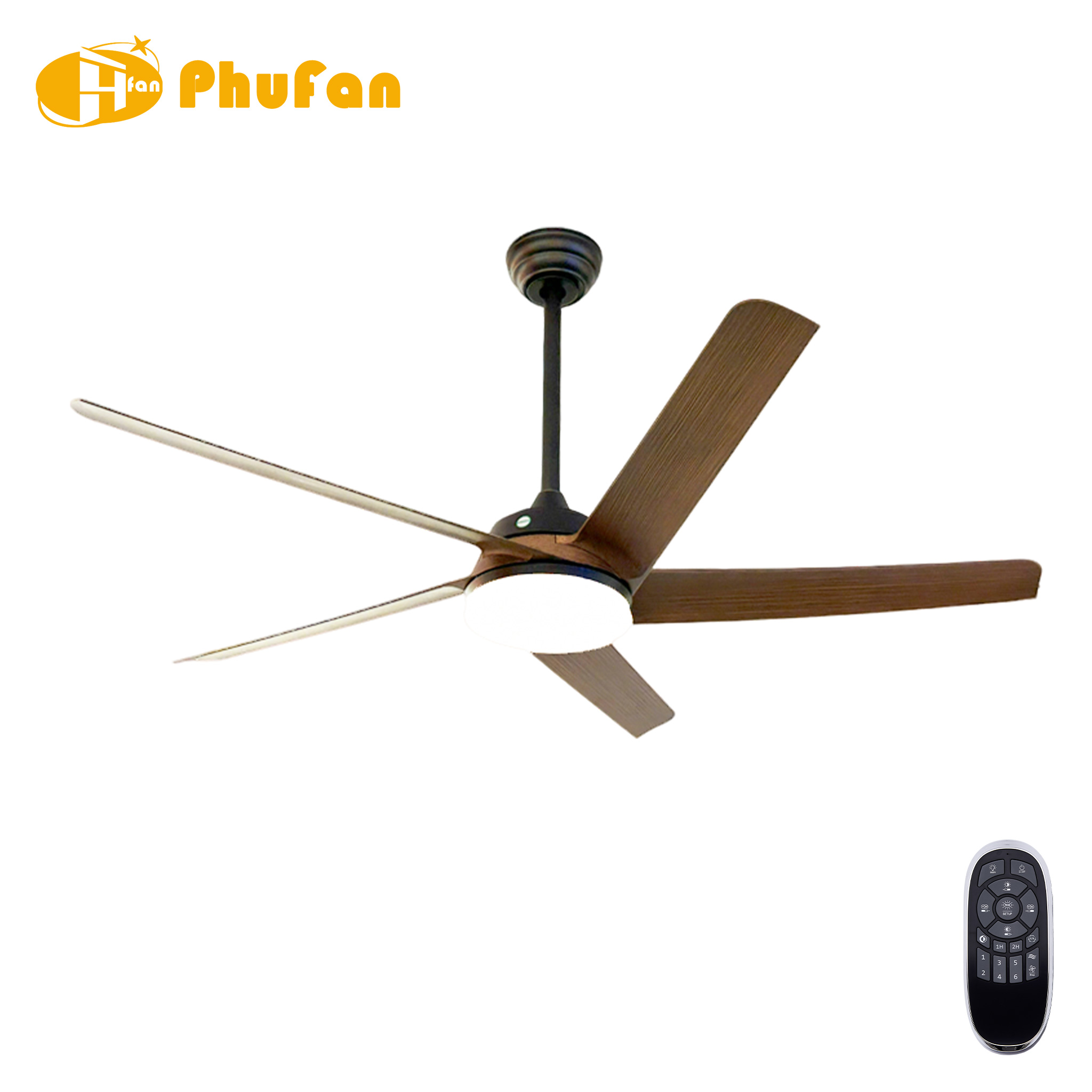 Five wood-grain blades on a black fan light with gold accents and a long downrod, shown beside its remote.