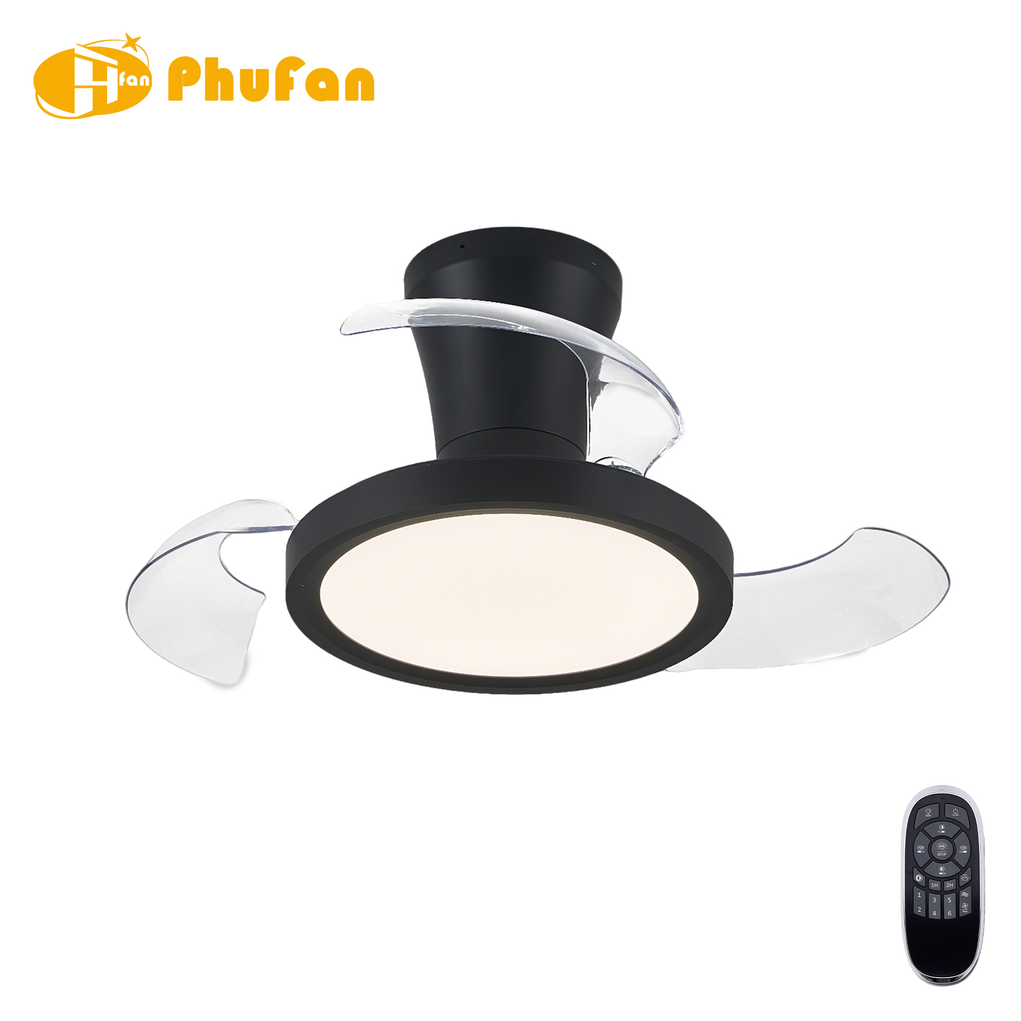 Compact ceiling fan with light and retractable blades, black lamp body with clear blades shown extended.