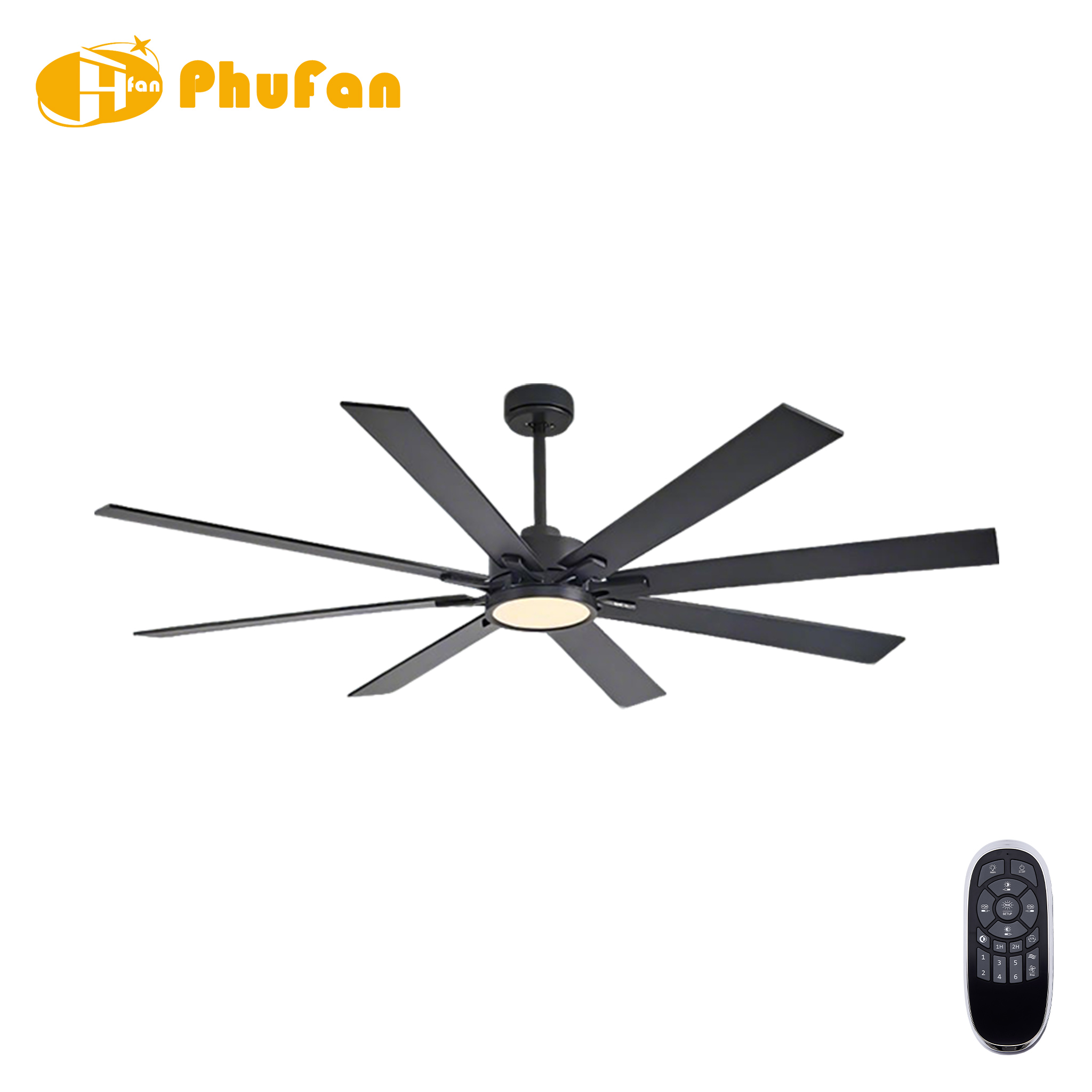 All-black nine-blade ceiling fan with an integrated round light, shown with a handheld remote on a white background.