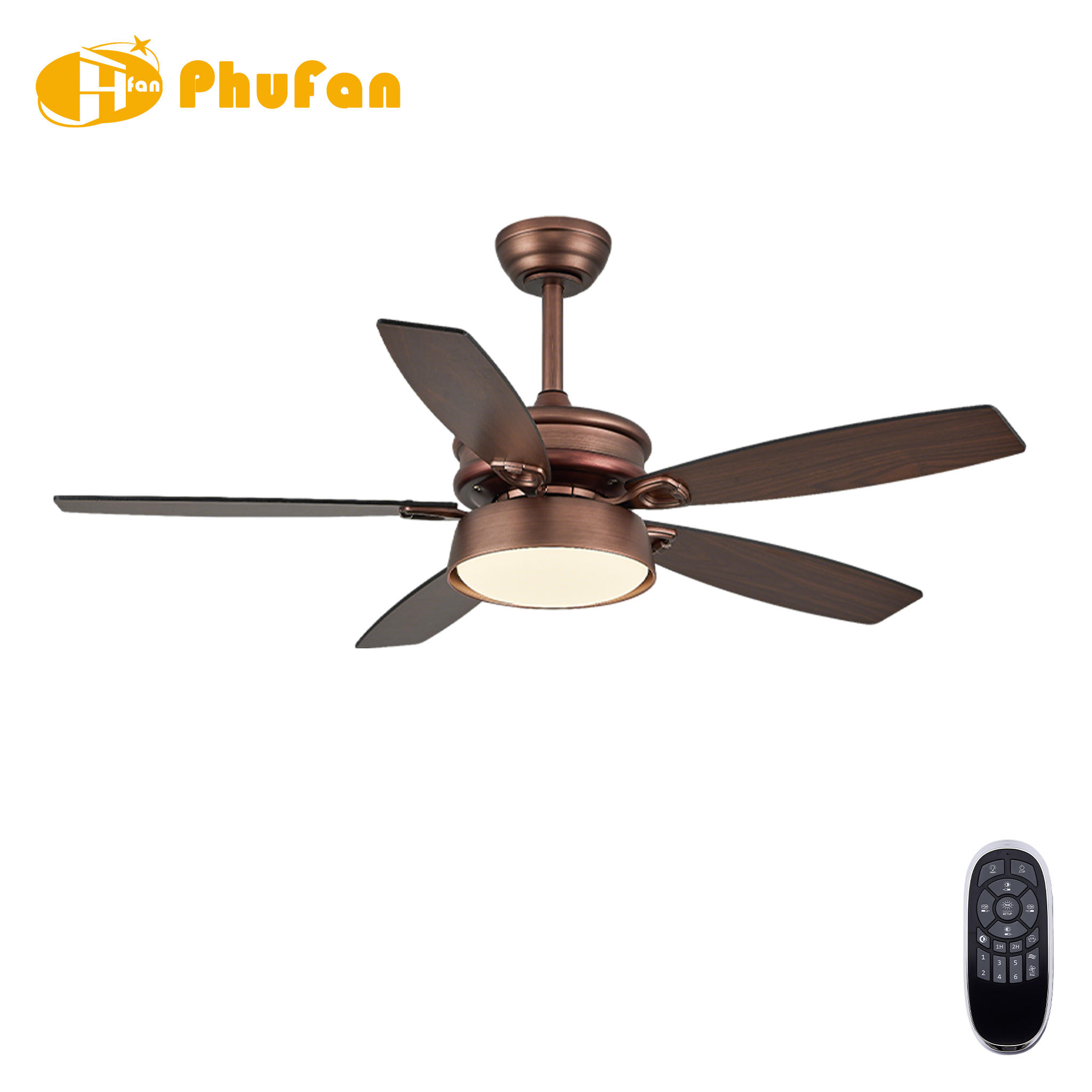 Bronze fan light with five dark wood-grain ABS blades, a matching downrod and a handheld remote.