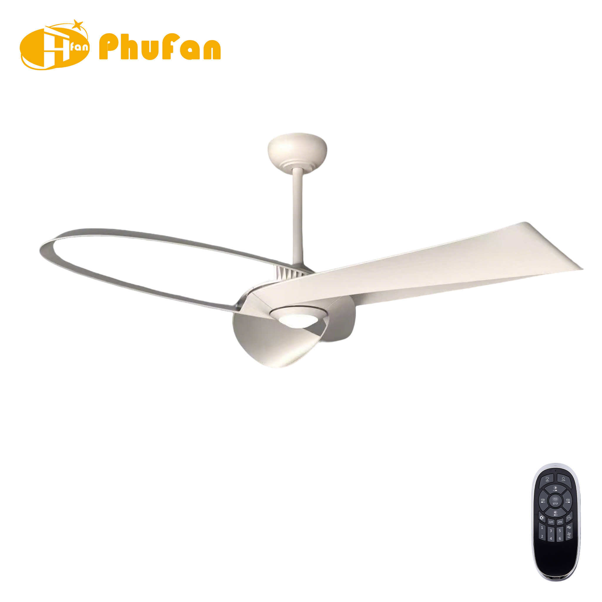 White fan light with sculpted ABS blades and oval cutouts, shown with a matching downrod and remote.