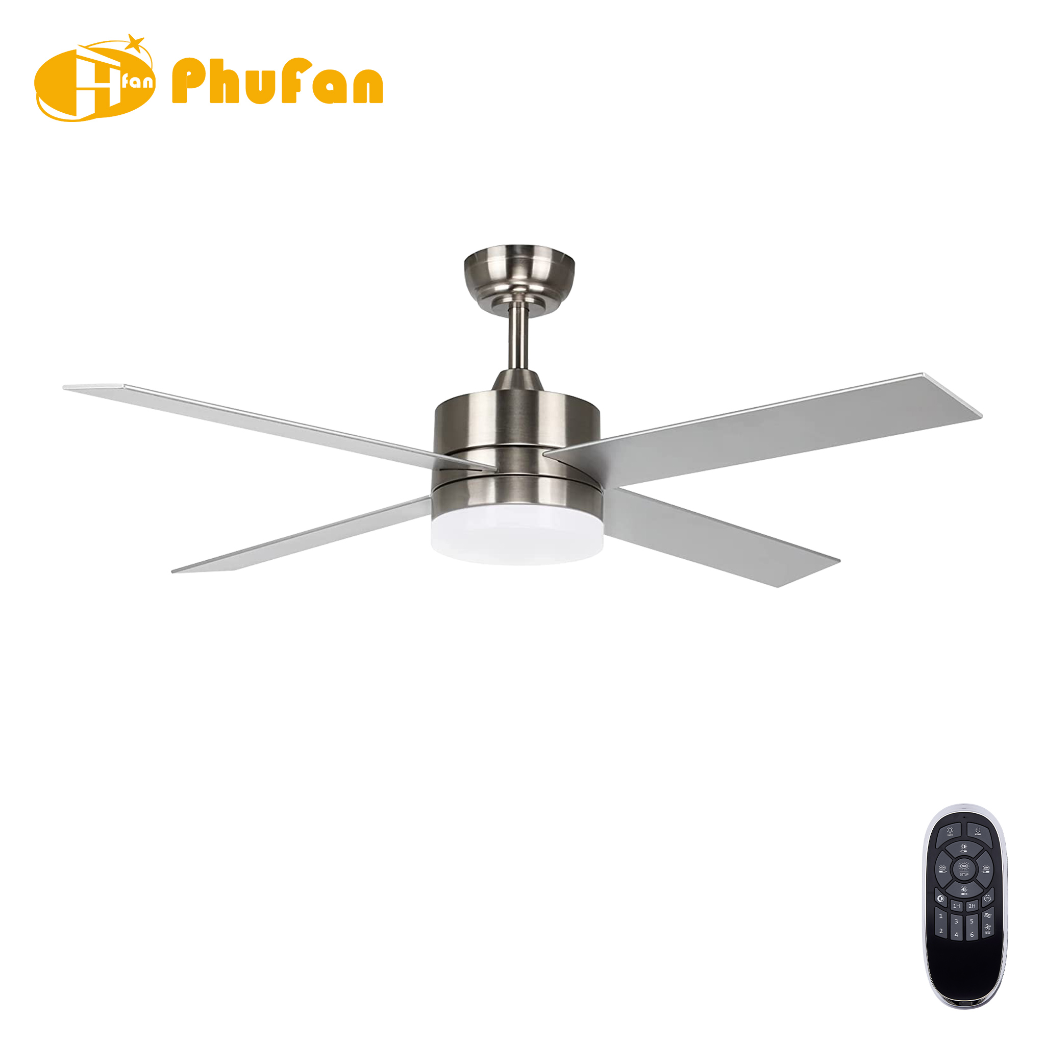Ceiling fan with light and timer for living room, four silver blades and a round LED diffuser beside a remote.