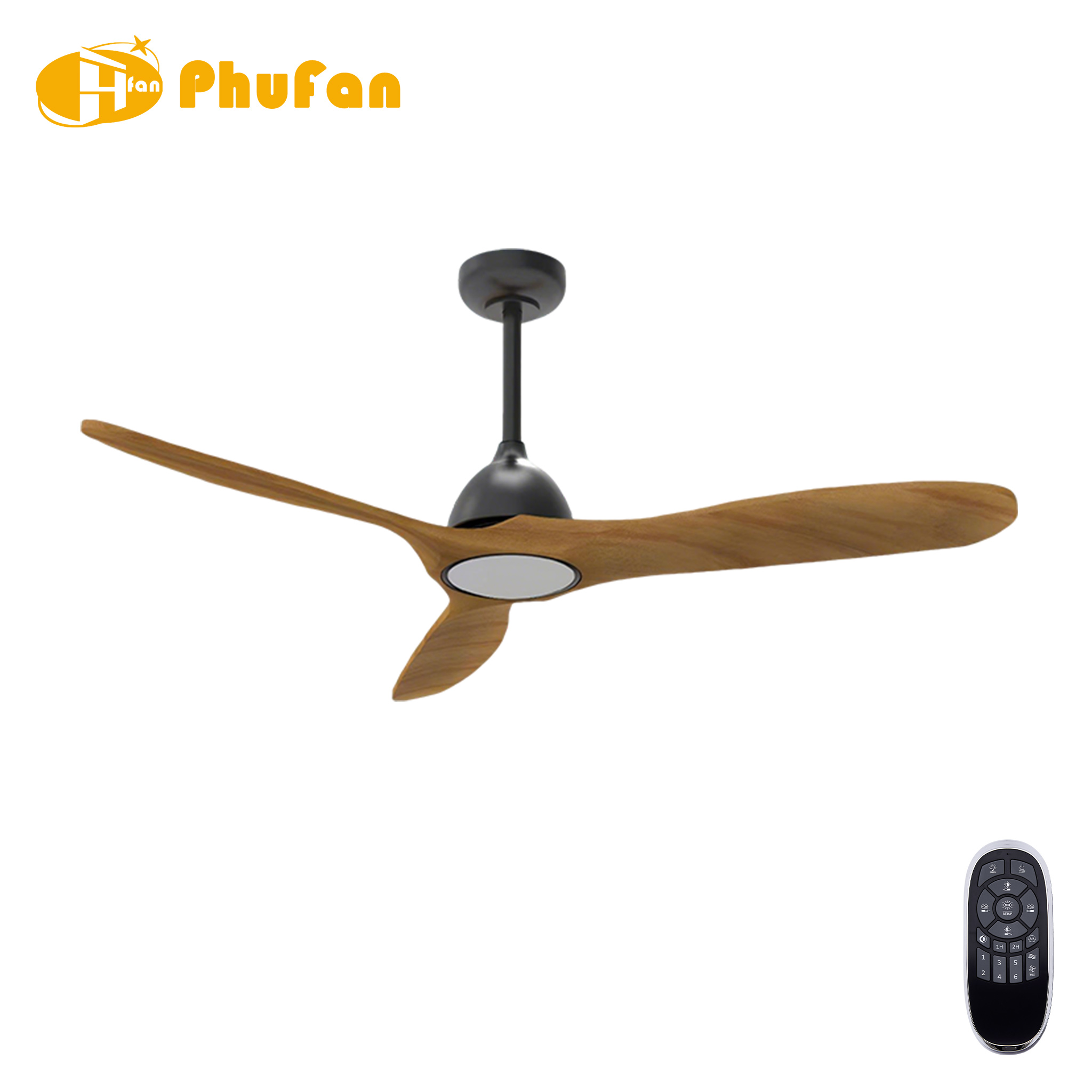 Solid Wood Blades Ceiling Fan, Dimmable LED Light & Remote Control for Bedroom