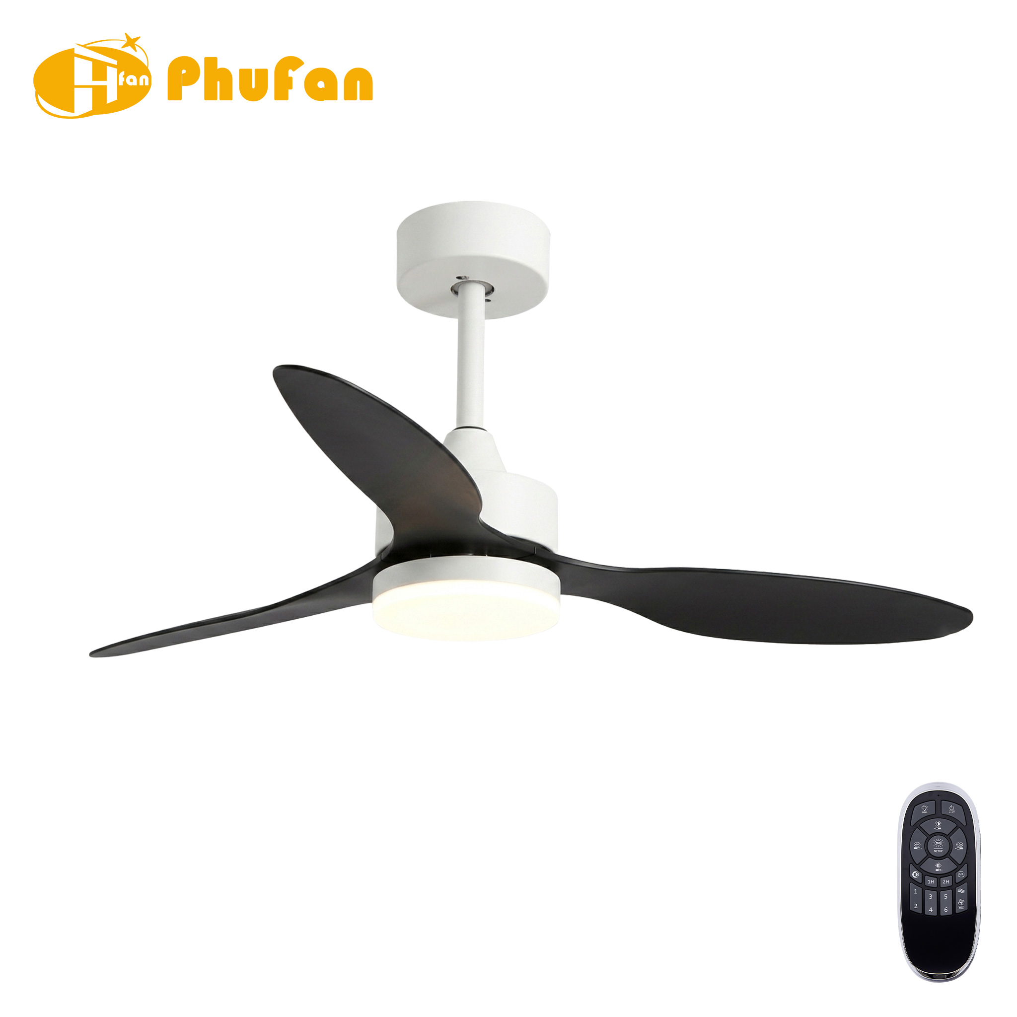 Three-blade fan light with black-and-white ABS blades and a white downrod, pictured beside its remote.