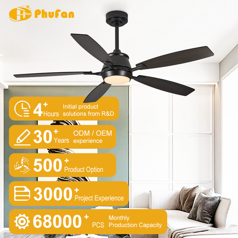 Wood ceiling fan with light for dining area, five dark plywood blades pictured above a table beside a sofa.