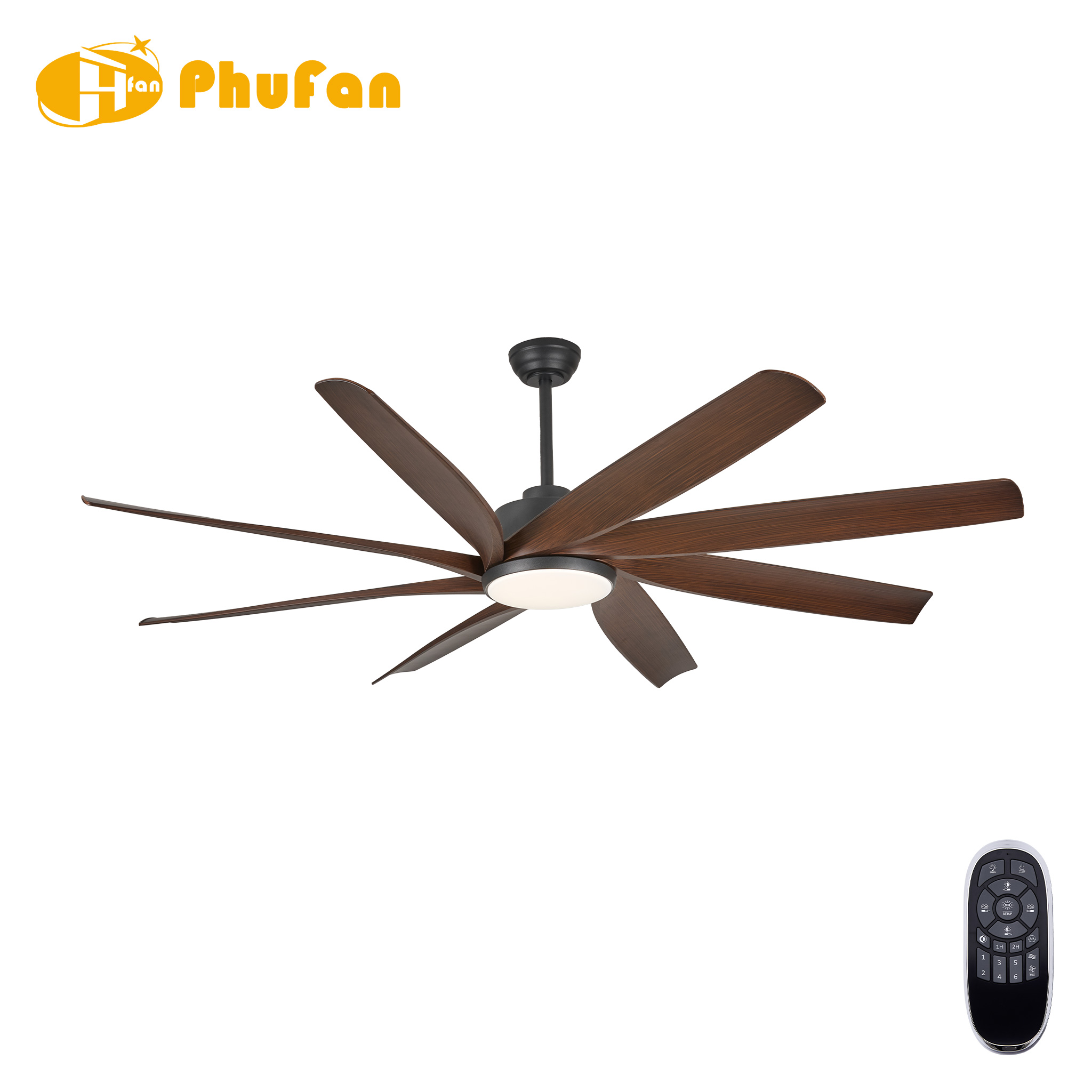 72 inch matte black ceiling fan with light, eight wood-grain ABS blades around a black motor housing.